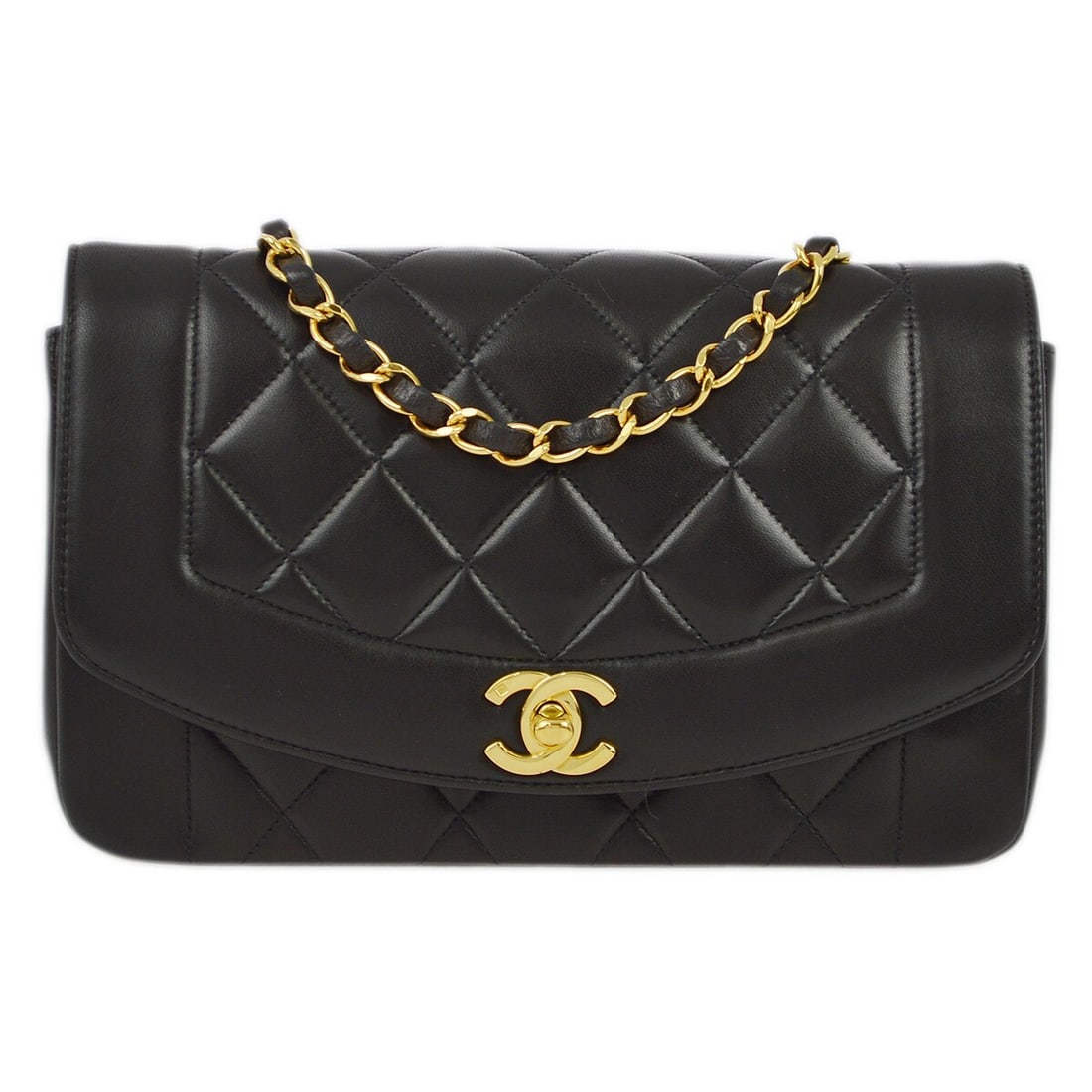 Chanel Black Lambskin Small Diana Crossbody Bag with Chain Strap: Chanel Black Lambskin Small Diana Crossbody Bag with Chain Strap This Chanel Small Diana Shoulder Bag is a timeless accessory crafted from luxurious black lambskin. It features a chic matelasse patter