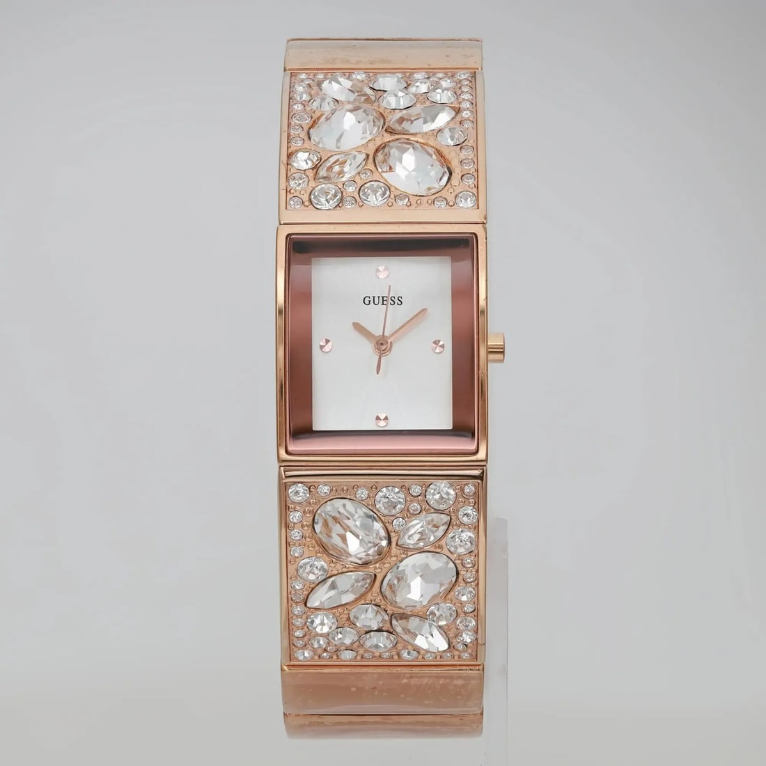 Guess Rose Gold-Tone Quartz Watch Silver Dial Gem-Set Bezel (1 of 3)