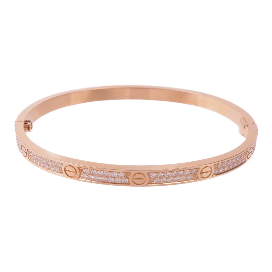 CARTIER Love Bracelet Small Paved Diamond 18K Rose Gold: CARTIER Love Bracelet Small Paved Diamond 18K Rose Gold This exquisite Cartier Love Bracelet features a small model design adorned with paved diamonds, crafted from luxurious 18K pink gold (K18PG). Th
