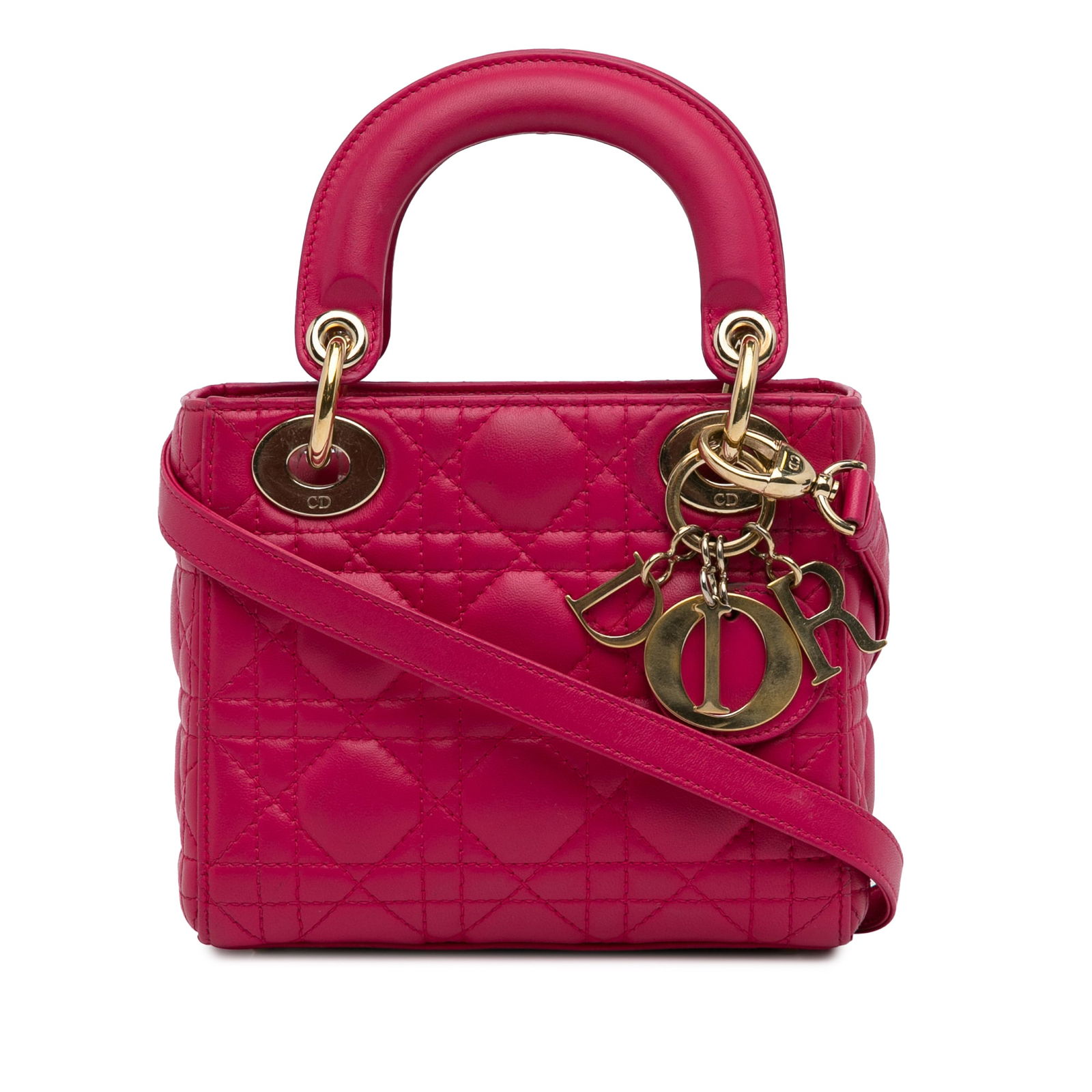 Dior Mini Lambskin Cannage Lady Dior Pink Leather Bag: Dior Mini Lambskin Cannage Lady Dior Pink Leather Bag Introducing the Mini Lambskin Cannage Lady Dior, a sophisticated bag crafted from luxurious quilted lambskin leather. This chic accessory features