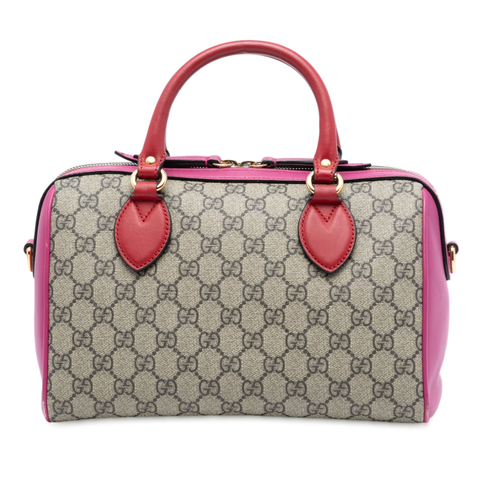 Brown GG Supreme Canvas Satchel with Leather Trim by Gucci: Brown GG Supreme Canvas Satchel with Leather Trim by Gucci This Gucci Small GG Supreme Satchel features a coated canvas body with leather trim, rolled leather handles, a detachable flat leather strap,