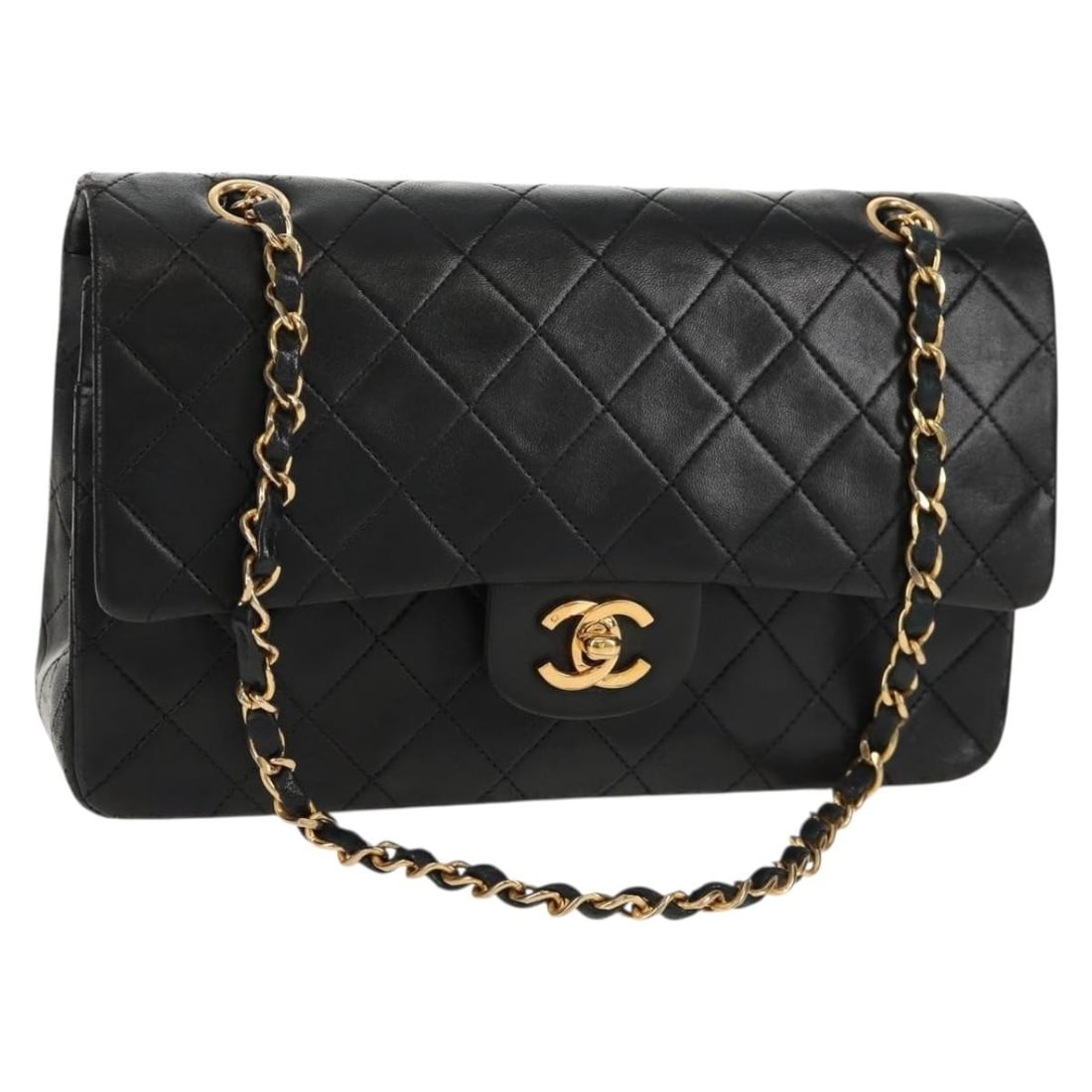 Chanel Matelasse 25 Lambskin Black Shoulder Bag with Double Flap and Gold Chain: Chanel Matelasse 25 Lambskin Black Shoulder Bag with Double Flap and Gold Chain This CHANEL Matelasse 25 Double Flap Chain Shoulder Bag features luxurious black lambskin leather with gold-tone CC deta