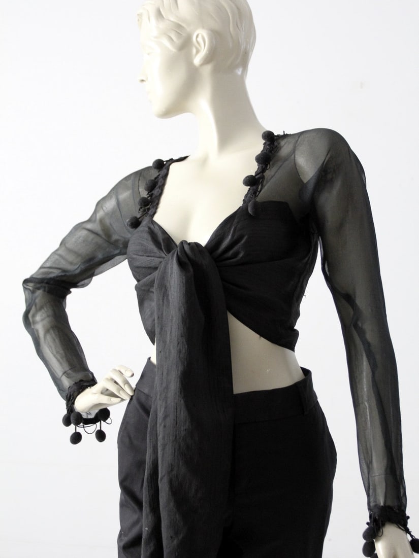 1980s Vintage Jenny Bannister Black Silk Wrap Top with Sheer Sleeves (1 of 8)