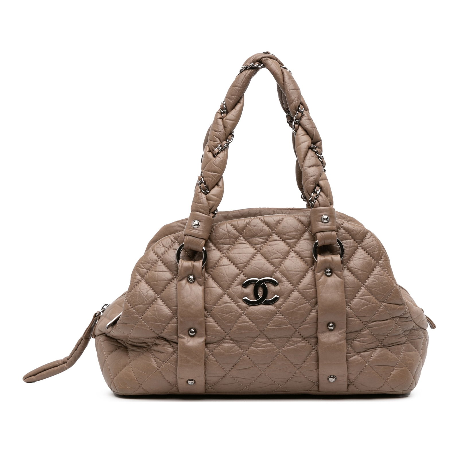 Chanel Distressed Brown Lambskin Lady Braid Bowler Bag: Chanel Distressed Brown Lambskin Lady Braid Bowler Bag Introducing the Chanel Distressed Lambskin Lady Braid Bowler Bag, an exquisite shoulder bag crafted from high-quality distressed lambskin leather