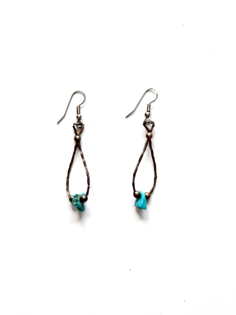 Vintage Silver Linked Teardrop Turquoise Earrings 2.375 Inch Drop (1 of 5)