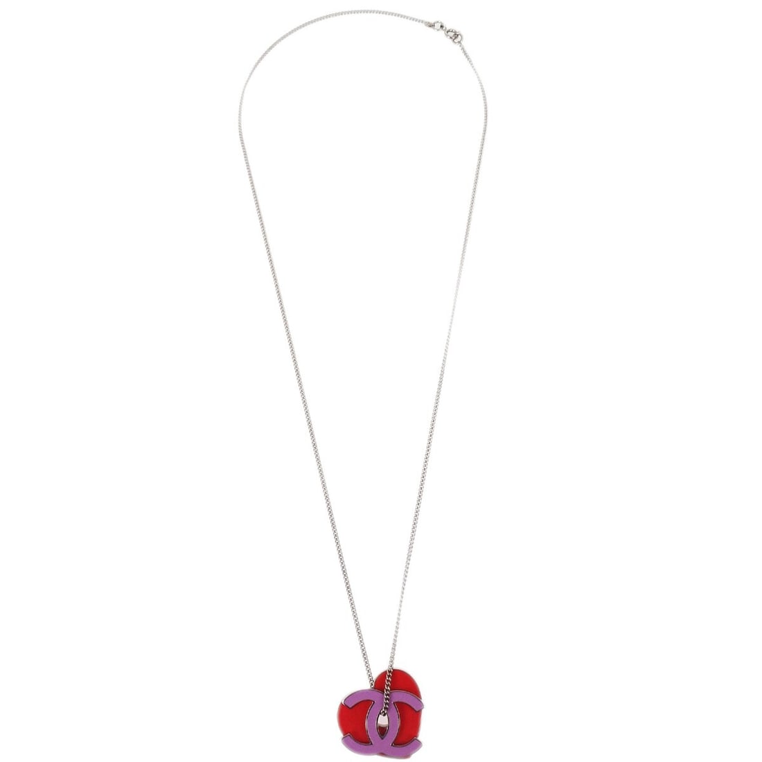 Heart and CC Pendant Necklace by Chanel in Pink Red Silver Tones (1 of 2)