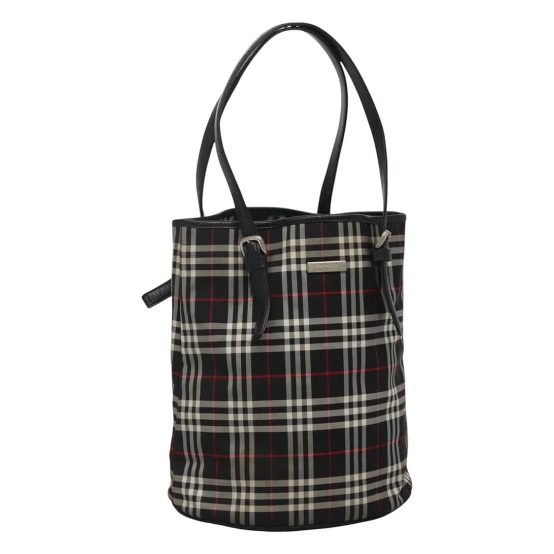 Tote Bag with Nova Check Pattern by Burberry Black: Tote Bag with Nova Check Pattern by Burberry Black This Burberry Nova Check tote bag features the iconic Nova Check pattern in black with leather accents. The bag is designed for female users and offe