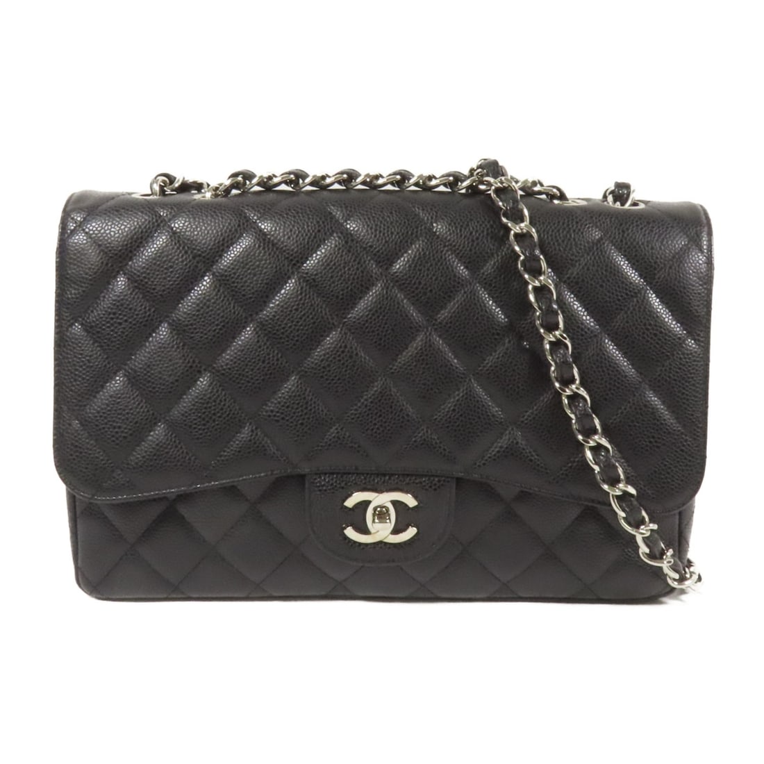 Black Calfskin Leather Large Classic Shoulder Bag by CHANEL with Silver Chain: Black Calfskin Leather Large Classic Shoulder Bag by CHANEL with Silver Chain This Chanel CC shoulder bag features a large classic design crafted from black calfskin leather. It is designed with a cha