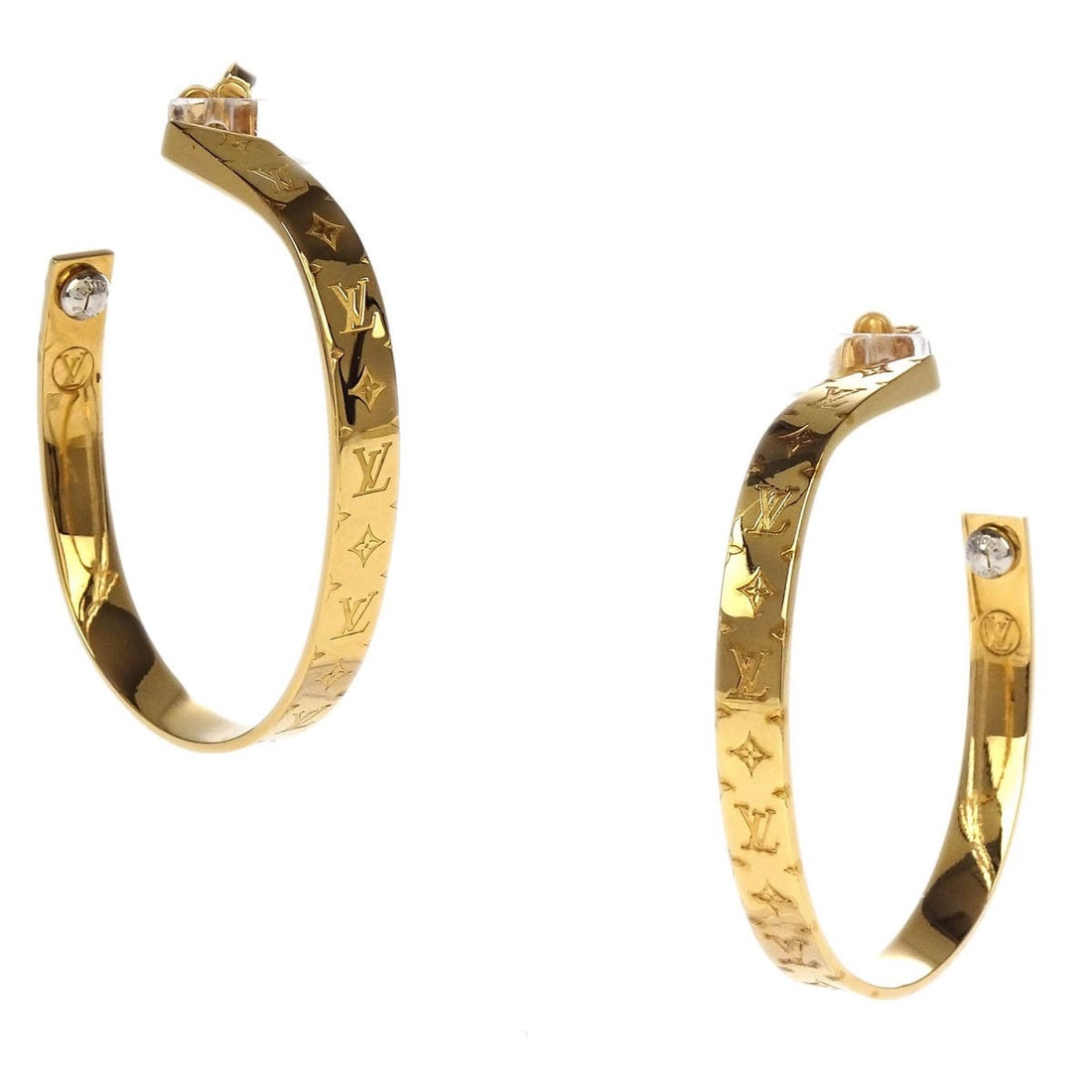 Louis Vuitton Gold Plated Nanogram Hoop Piercing Earrings M00220: Louis Vuitton Gold Plated Nanogram Hoop Piercing Earrings M00220 Enhance your accessory collection with these exquisite Louis Vuitton Nanogram Hoop Piercing Earrings. Crafted in a stunning gold plated