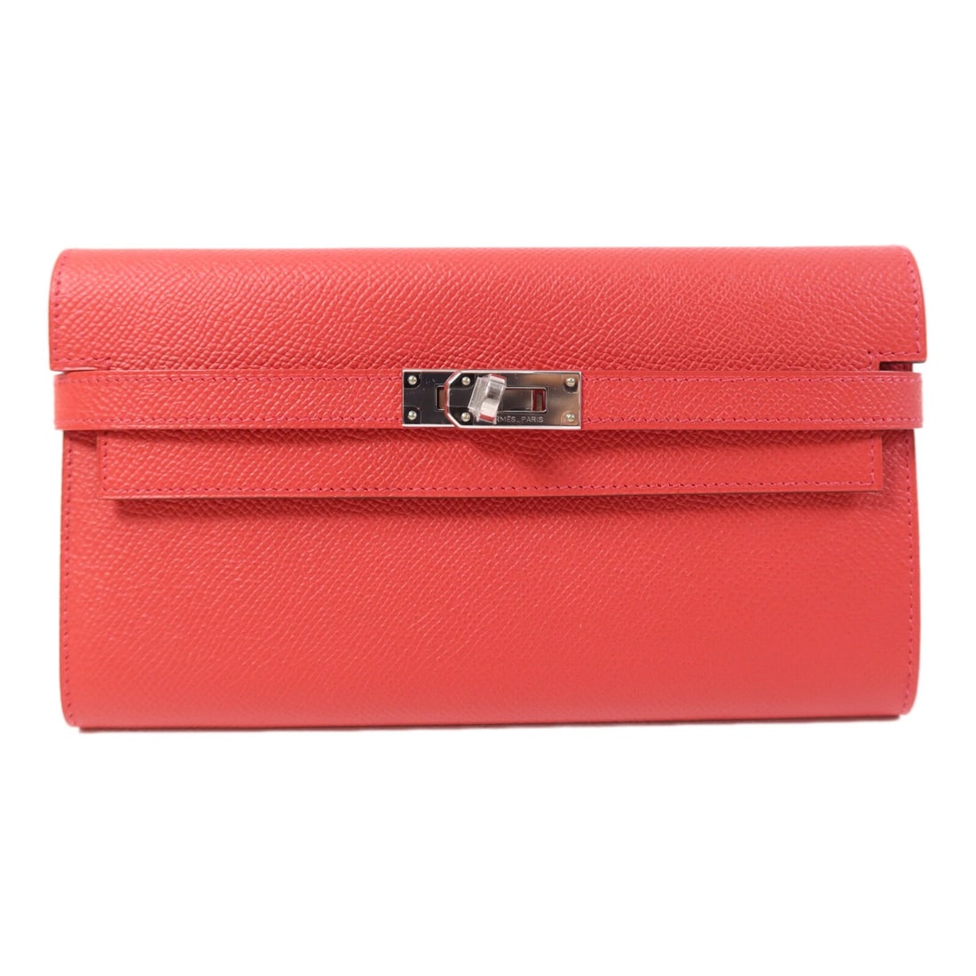 Kelly Long Wallet in Bougainvillea Epsom Leather with Palladium Hardware: Kelly Long Wallet in Bougainvillea Epsom Leather with Palladium Hardware This Hermes Kelly Long Wallet is crafted from Veau Epsom leather in a vibrant bougainvillea red hue. The wallet features a bifo