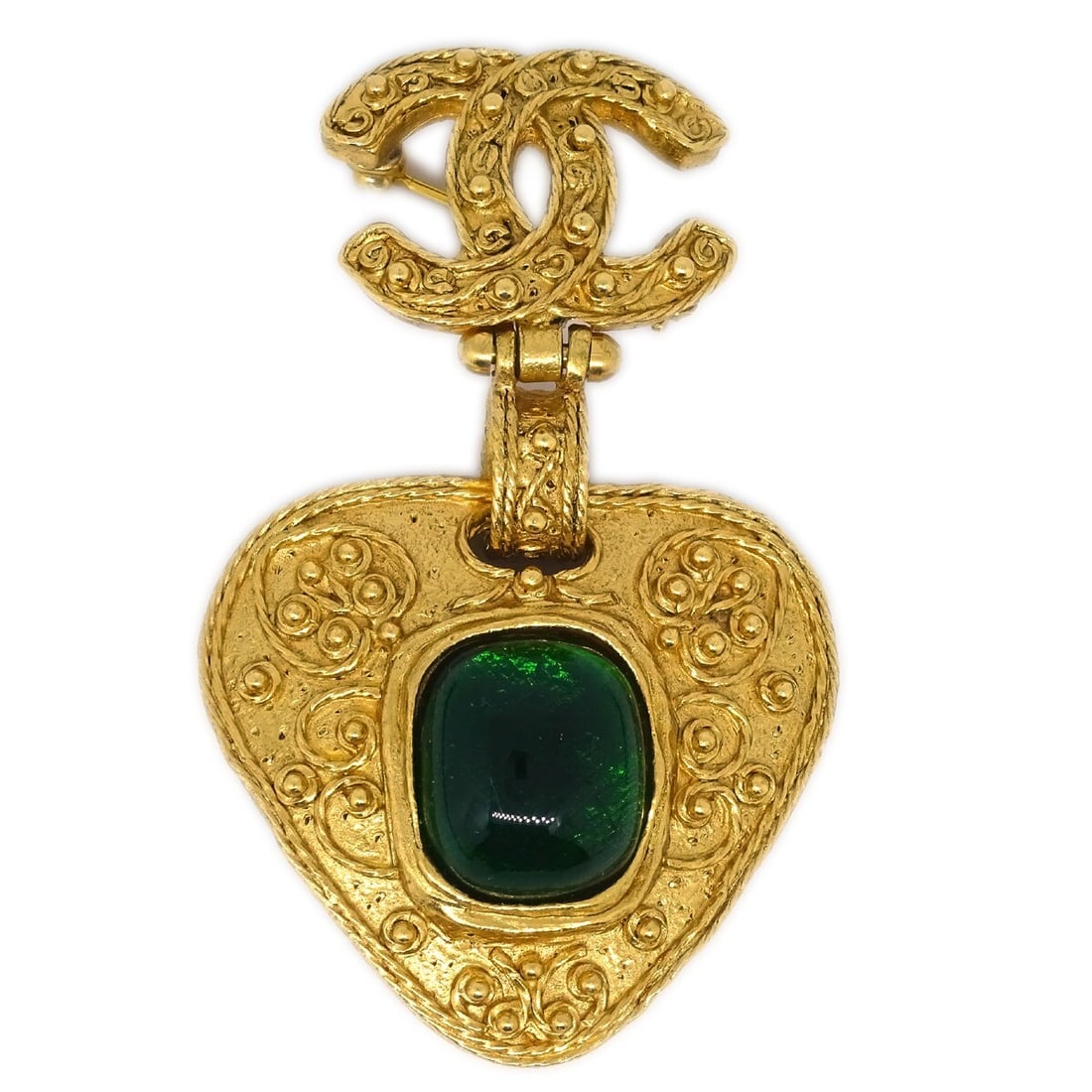 Chanel 94A Gold-Plated Gripoix Brooch with Green Accent (1 of 4)