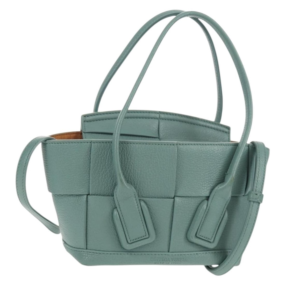 Maxi Intrecciato Mini Arco Handbag in Green by Bottega Veneta: Maxi Intrecciato Mini Arco Handbag in Green by Bottega Veneta This pre-owned Bottega Veneta Maxi Intrecciato Mini Arco handbag features a green exterior with the signature woven design. It is in excel