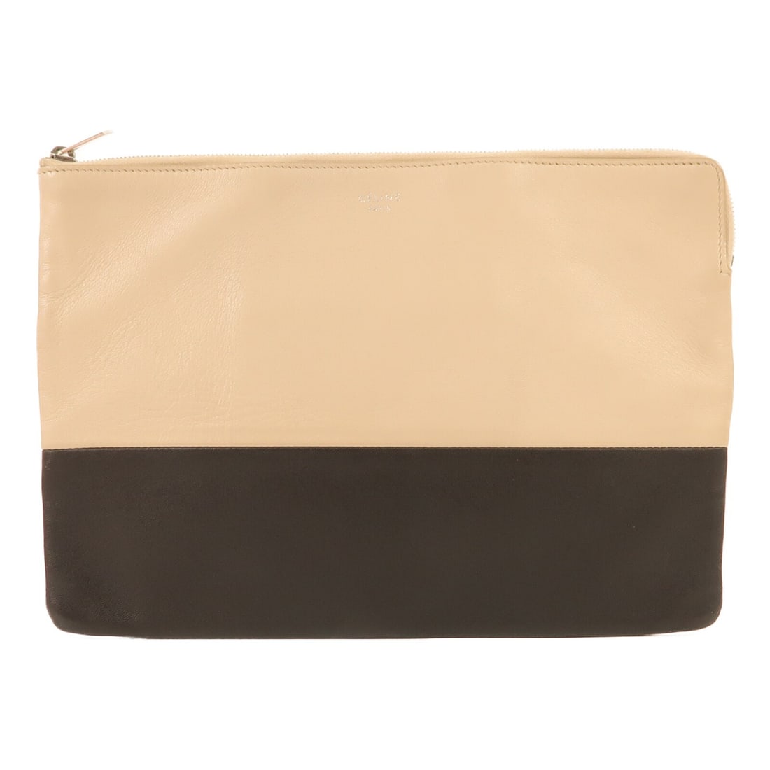 CELINE Black Beige Calfskin Leather Clutch Bag SHW: CELINE Black Beige Calfskin Leather Clutch Bag SHW Elevate your style with this sophisticated CELINE clutch bag, expertly crafted from high-quality calfskin leather in a striking black and beige color