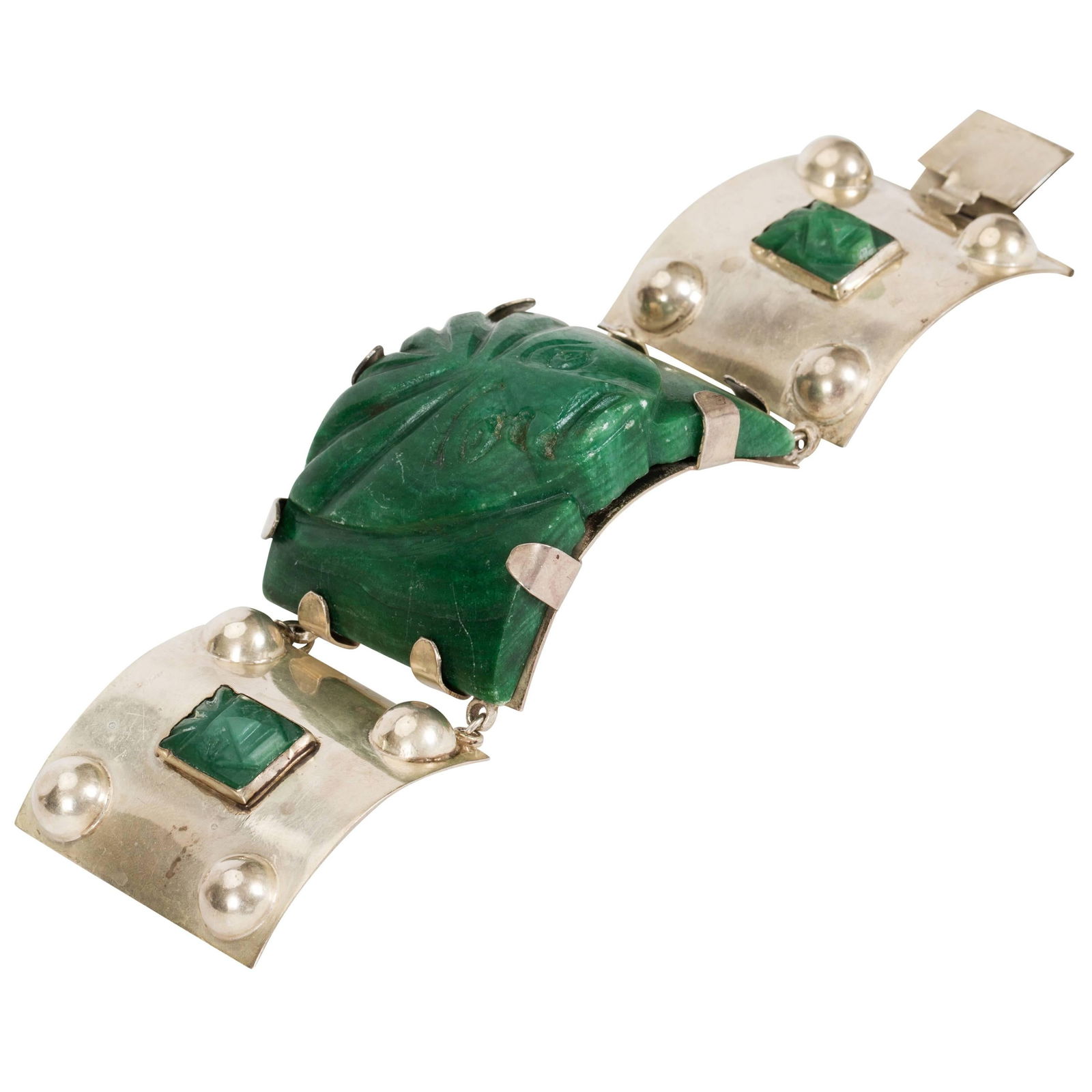 Mexican Sterling Silver Vintage Cuff Bracelet with Jade Center (1 of 6)