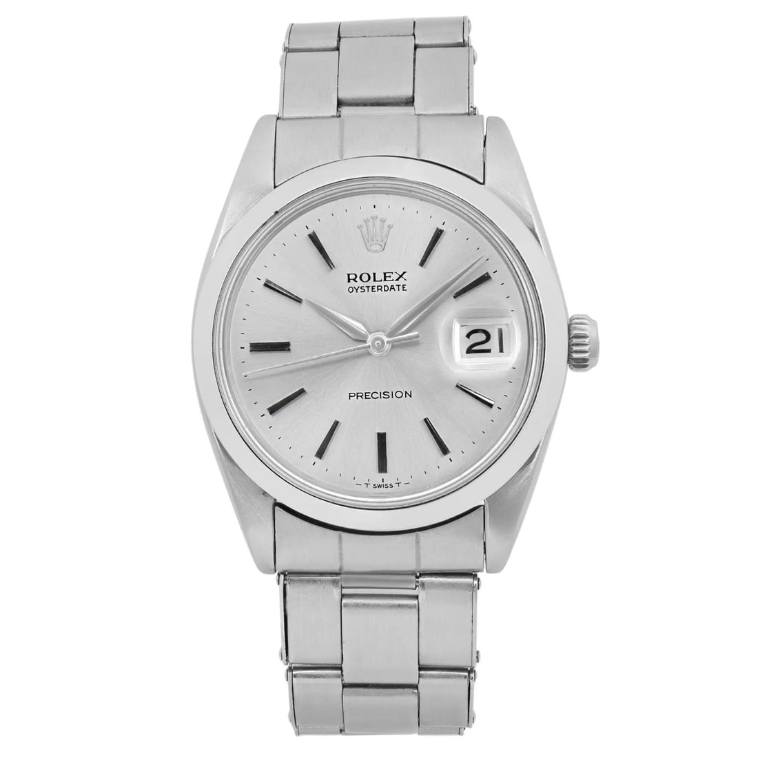 Oysterdate Precision Manual Wind 34mm Stainless Steel Watch Silver Sunburst Dial: Oysterdate Precision Manual Wind 34mm Stainless Steel Watch Silver Sunburst Dial This vintage Rolex Oysterdate Precision wristwatch features a 34 mm polished stainless steel case with a silver sunburs