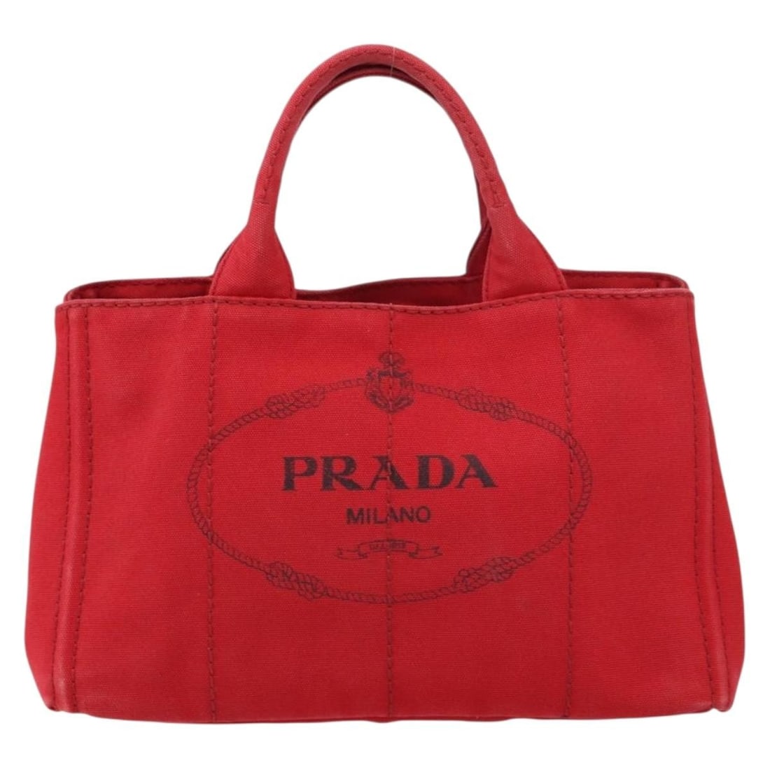 Red Canapa MM Tote Bag by Prada: Red Canapa MM Tote Bag by Prada This pre-owned Prada Canapa MM tote bag features a red canvas exterior and is designed for women. The bag is in good condition with visible signs of use, including some
