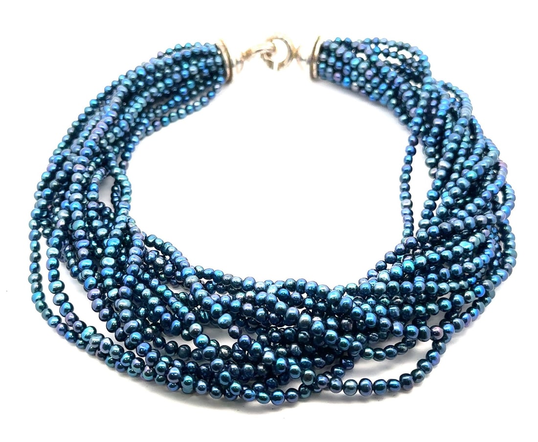 Sterling Silver Multi-Strand Blue Gray Pearl Choker Necklace 19" (1 of 5)