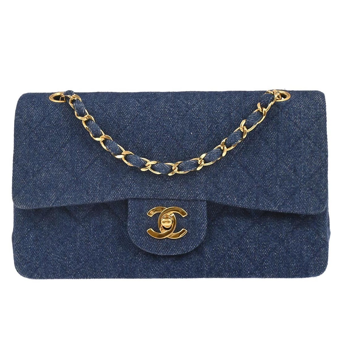 Small Classic Double Flap Blue Denim Shoulder Bag by Chanel: Small Classic Double Flap Blue Denim Shoulder Bag by Chanel This Chanel Small Classic Double Flap Shoulder Bag features a blue denim exterior with a signature matelasse pattern and a flap turnlock clo