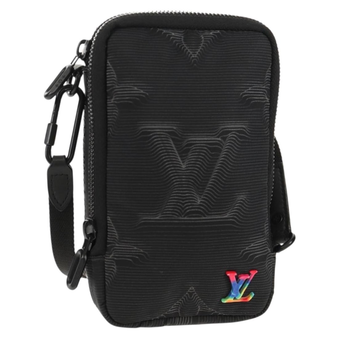 LOUIS VUITTON 3D Monogram Double Phone Pouch Black M80141 Italy: LOUIS VUITTON 3D Monogram Double Phone Pouch Black M80141 Italy Elevate your style with the LOUIS VUITTON 3D Monogram Double Phone Pouch, a sophisticated accessory crafted in Italy. This sleek pouch i