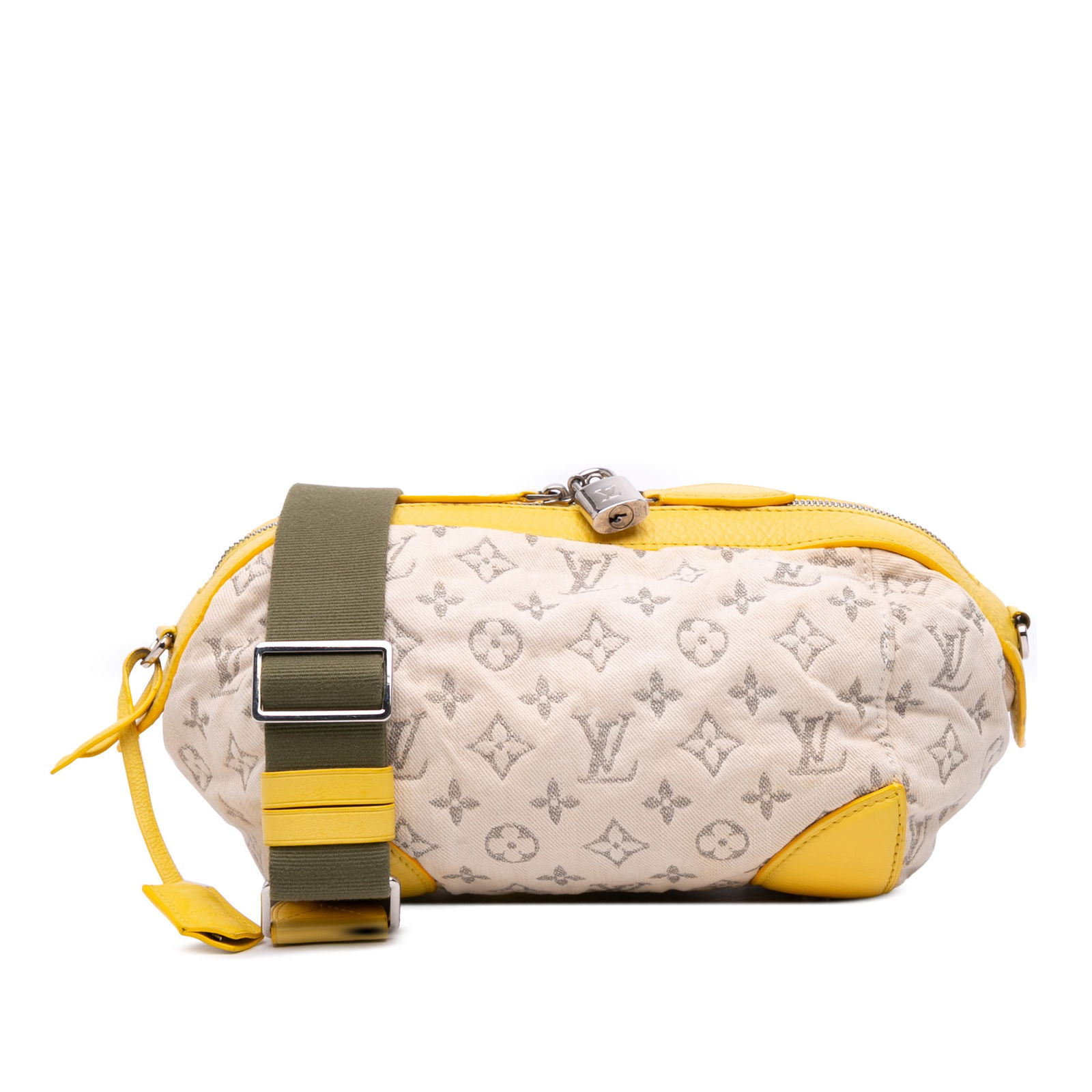 Louis Vuitton Monogram Denim Pochette Round Bag with Leather Trim: Louis Vuitton Monogram Denim Pochette Round Bag with Leather Trim The Louis Vuitton Monogram Denim Pochette Round is a stylish bag featuring a unique monogram denim body complemented by leather trim.