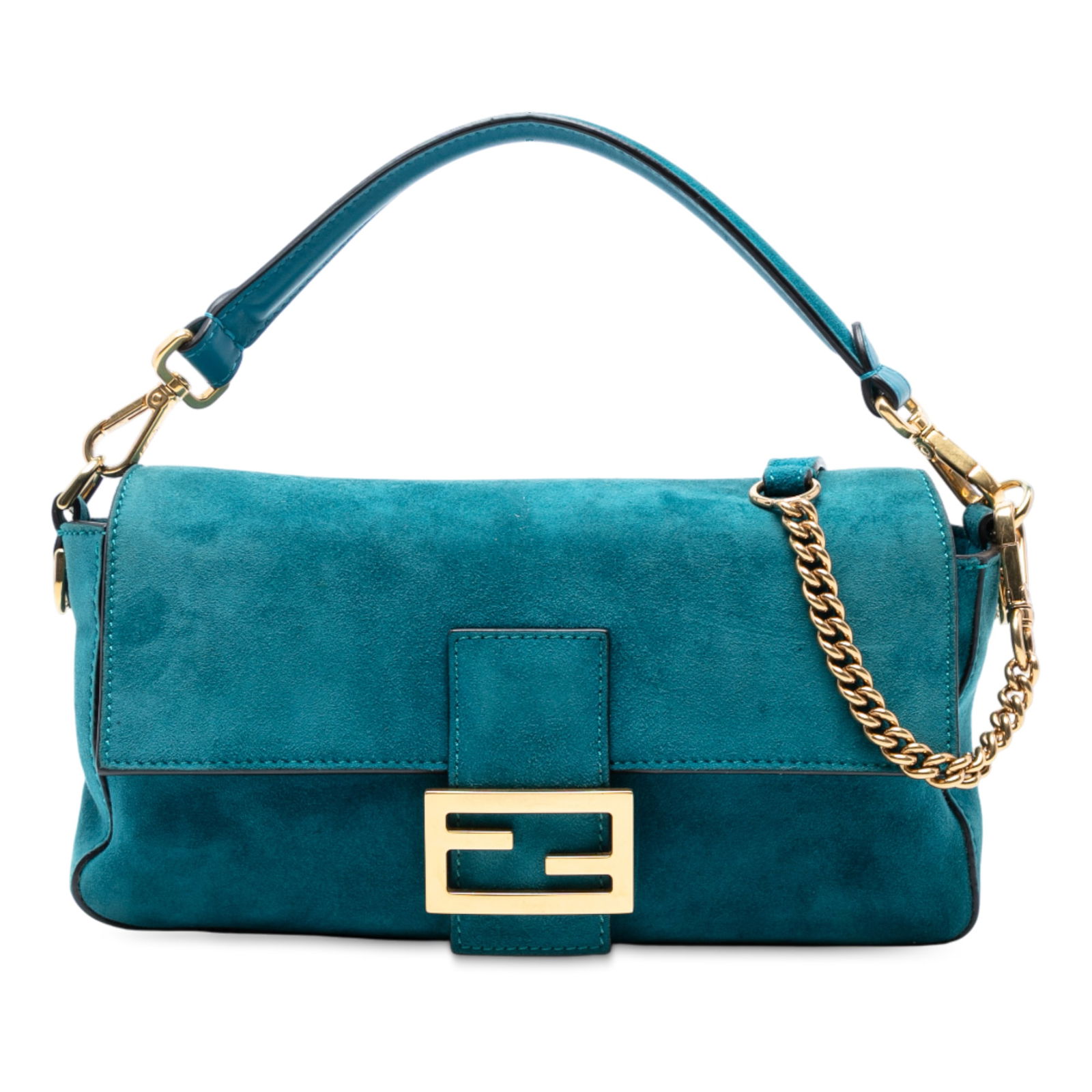 Blue Suede Fendi Baguette with Leather Handle and Chain Strap: Blue Suede Fendi Baguette with Leather Handle and Chain Strap This Fendi Medium Suede Baguette Satchel showcases a blue suede body with a detachable flat leather handle, a chain link accent, and an ad