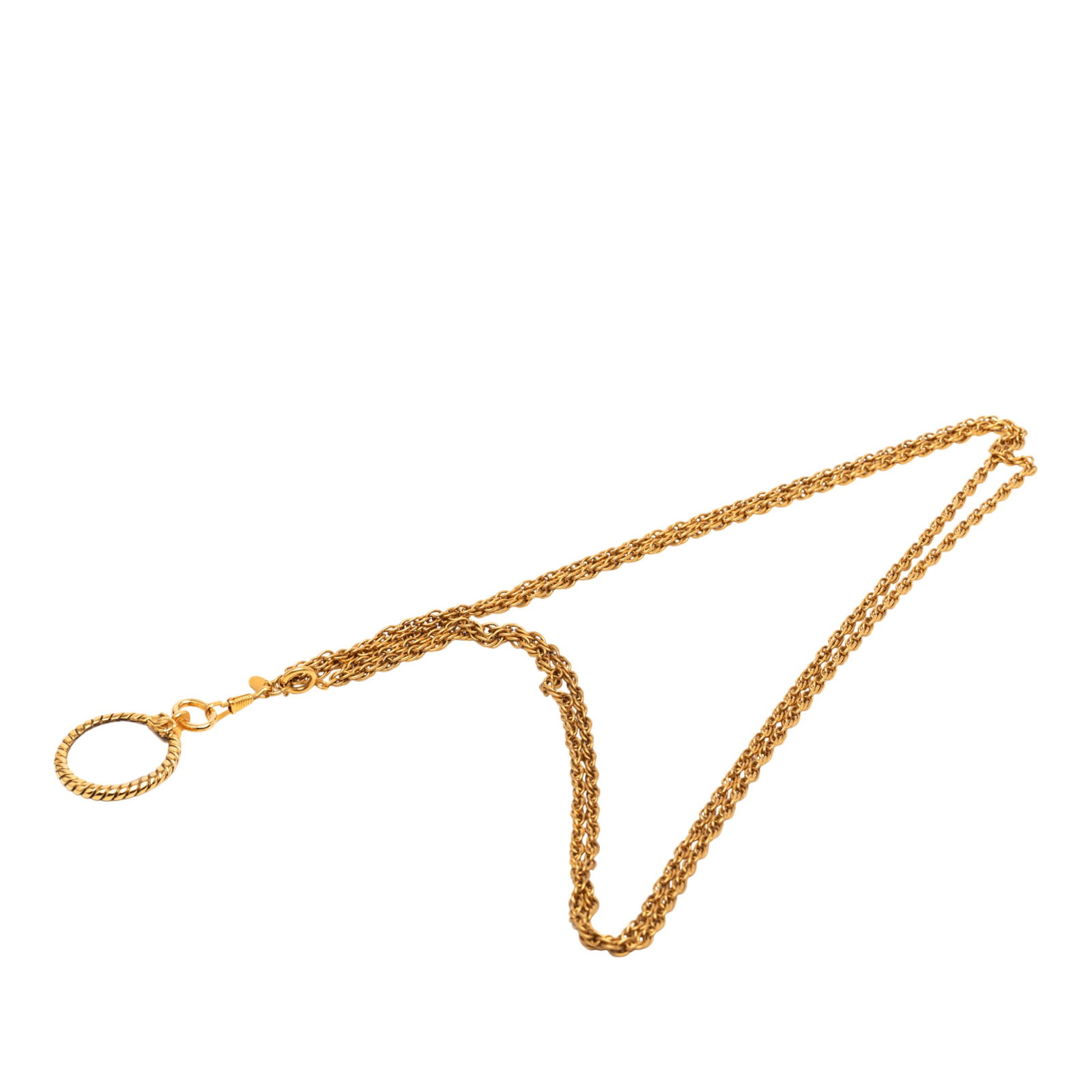 Chanel Loupe Pendant Necklace with Gold Tone Double Chain: Chanel Loupe Pendant Necklace with Gold Tone Double Chain This Chanel necklace features a gold-tone round magnifying glass pendant suspended from a gold-tone double chain. The necklace is designed wit