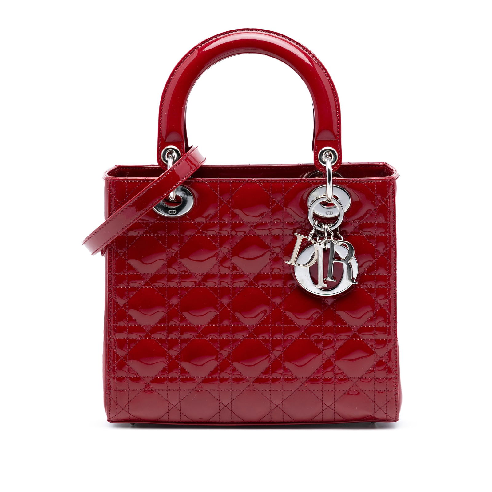 Dior Lady Dior Medium Red Patent Leather Cannage Bag with Strap (1 of 7)