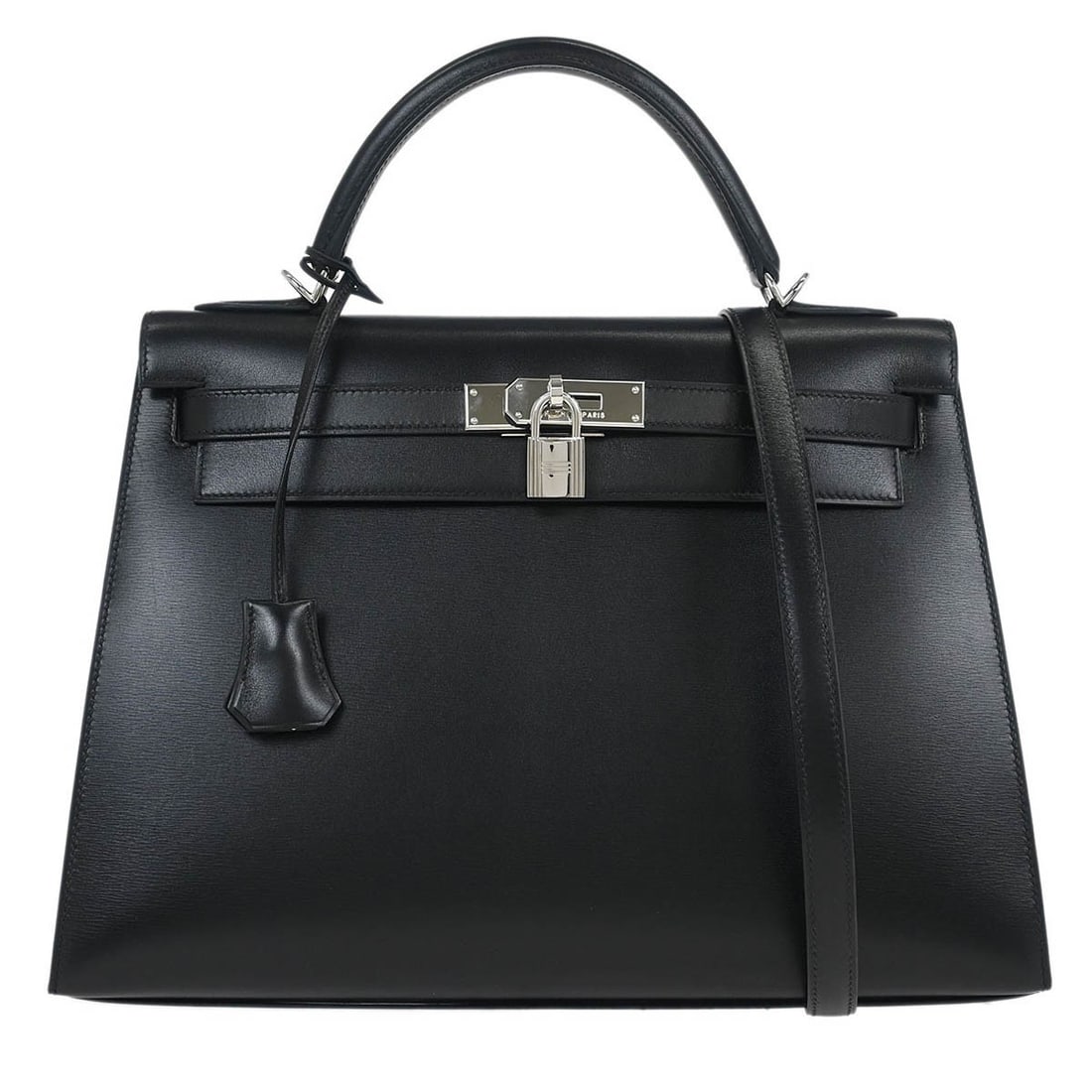 Hermes Black Box Calf Kelly 32 Sellier 2way Handbag Silver Hardware: Hermes Black Box Calf Kelly 32 Sellier 2way Handbag Silver Hardware This exquisite Hermes Kelly 32 Sellier 2way Handbag is crafted from luxurious Box Calf leather in a classic black color, making it a