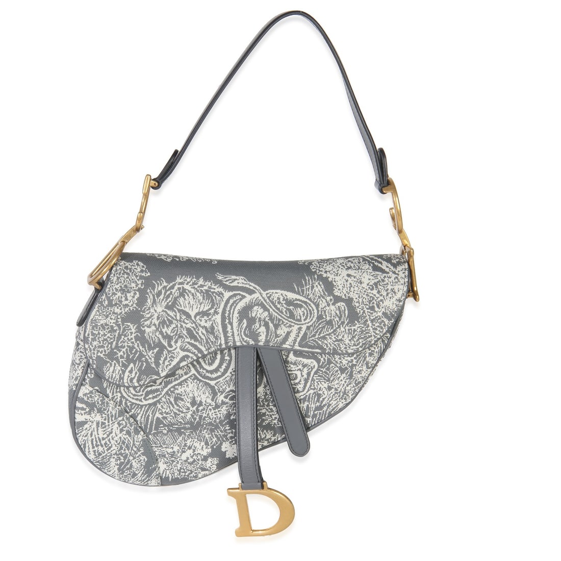 Medium Saddle Shoulder Bag in Grey and White Embroidered Canvas by Christian Dior: Medium Saddle Shoulder Bag in Grey and White Embroidered Canvas by Christian Dior This Christian Dior medium Saddle bag features a grey and white reverse embroidered Toile de Jouy canvas exterior, com