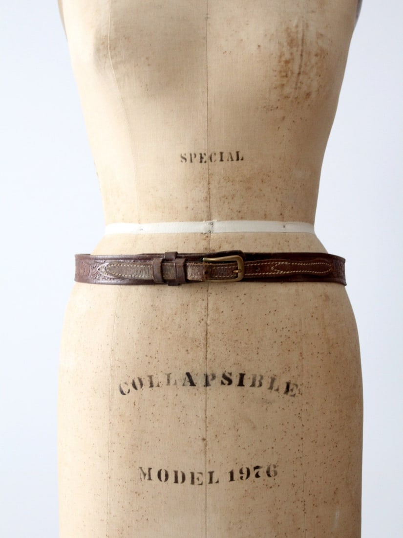 Vintage Western Leather Belt with Floral Tooling and Brass Buckle (1 of 5)