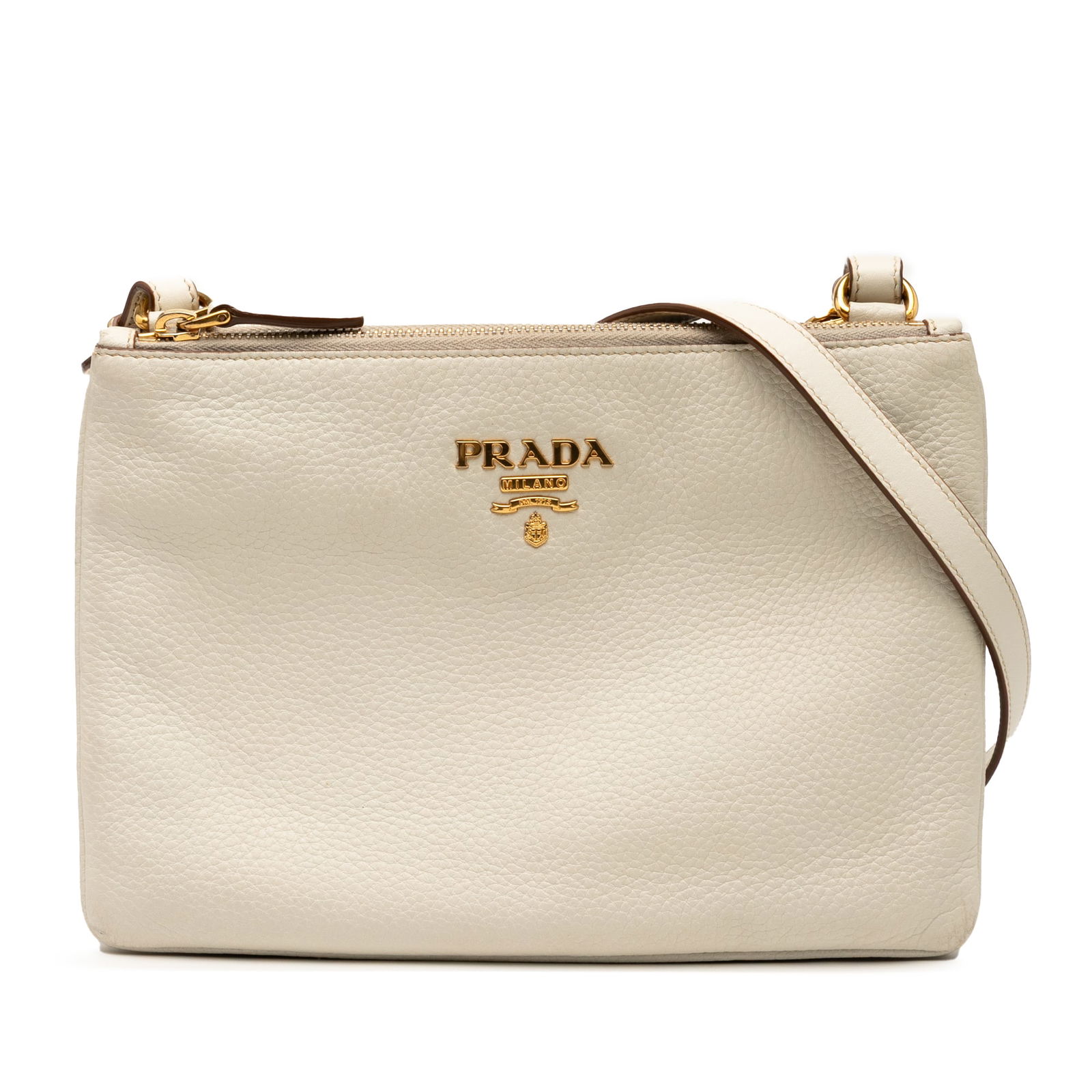 Prada Vitello Daino White Double Zip Crossbody Bag: Prada Vitello Daino White Double Zip Crossbody Bag The Prada Vitello Daino Double Zip Crossbody is a chic and stylish accessory made from high-quality leather. This elegant crossbody bag features an a