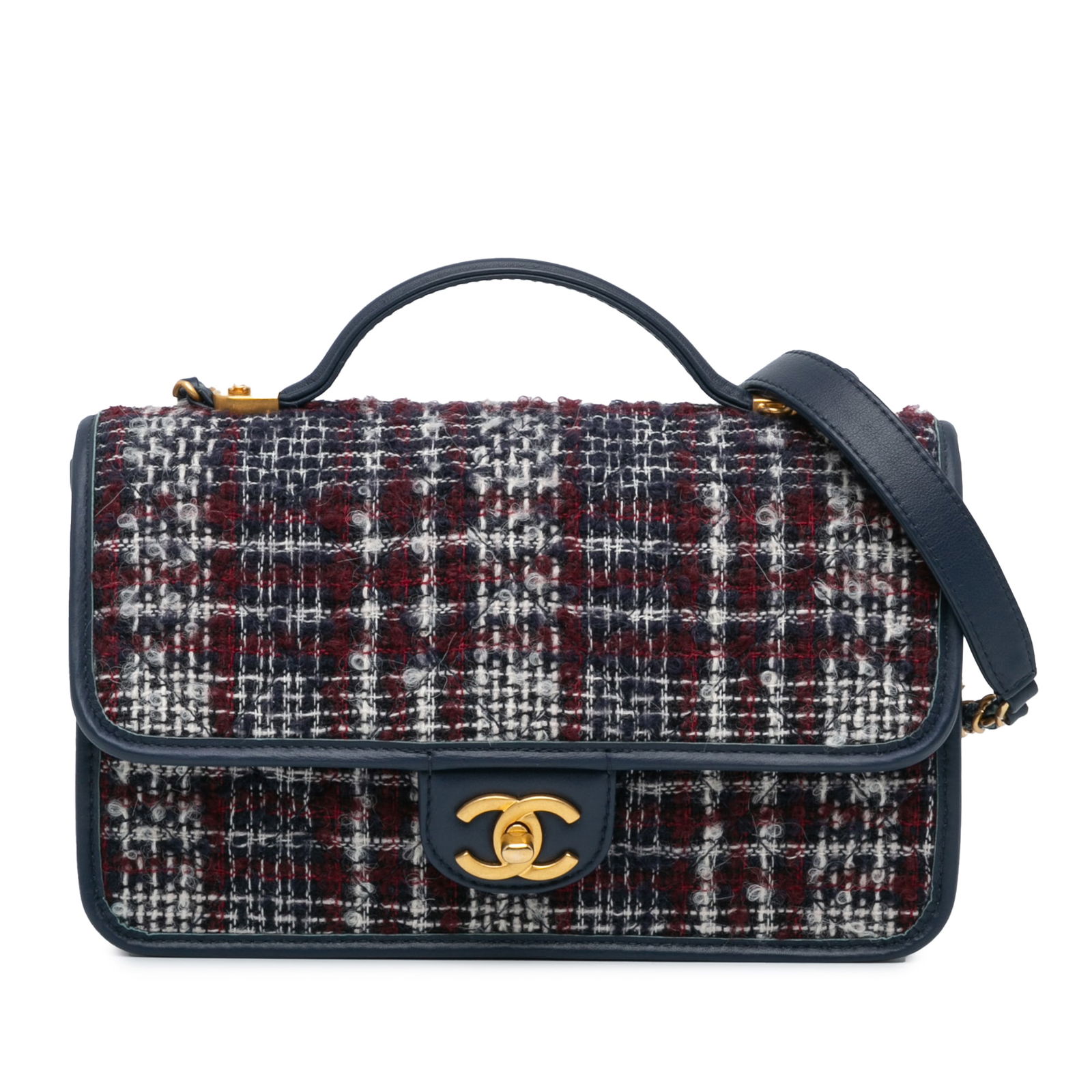 Chanel Small Tweed School Memory Top Handle Satchel Blue Fabric: Chanel Small Tweed School Memory Top Handle Satchel Blue Fabric This Chanel Small Tweed School Memory Top Handle Flap satchel showcases a stylish tweed body accented with leather trim. It features a f