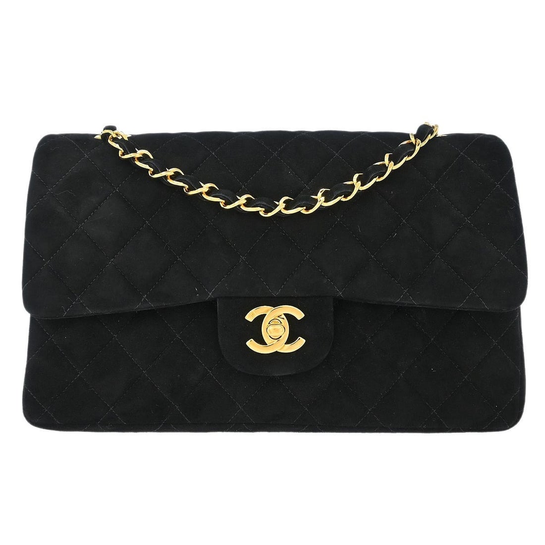Chanel Black Suede Medium Classic Double Flap Shoulder Bag: Chanel Black Suede Medium Classic Double Flap Shoulder Bag Experience luxury with the Chanel Black Suede Medium Classic Double Flap Shoulder Bag. This elegant bag features a stylish matelasse pattern,