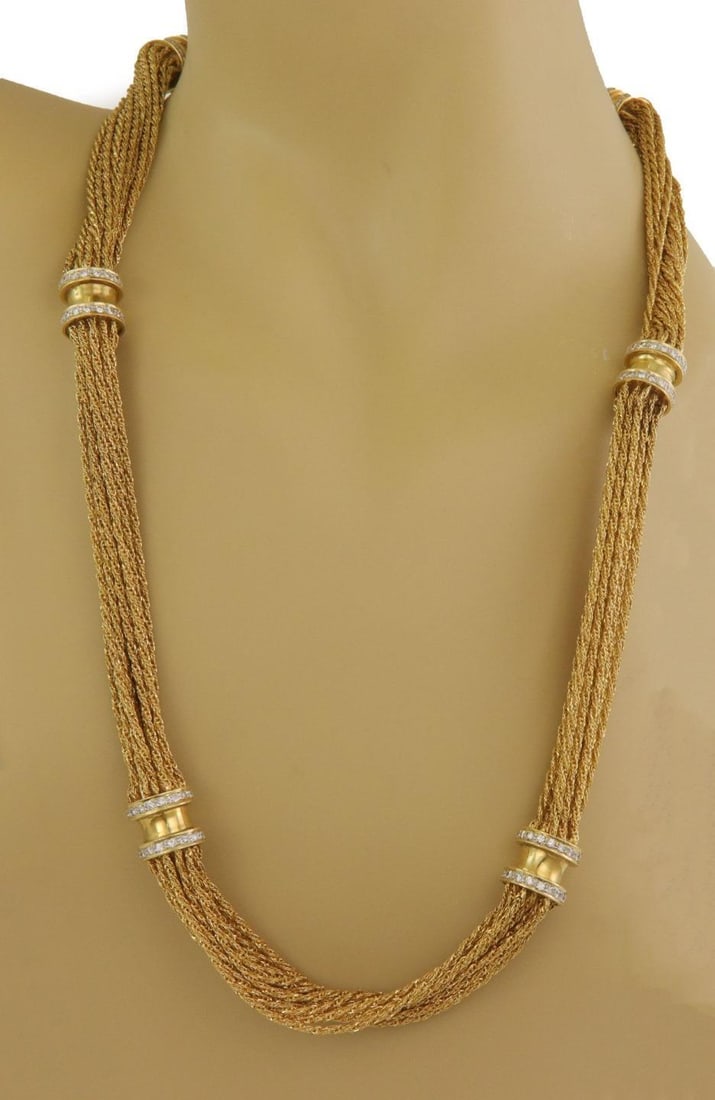 18k Yellow Gold Multi Rope Chain Necklace with Diamonds 5 Carats Changeable 32": 18k Yellow Gold Multi Rope Chain Necklace with Diamonds 5 Carats Changeable 32" Elevate your jewelry collection with this stunning multi-chain necklace, expertly crafted from 18k yellow gold and adorn