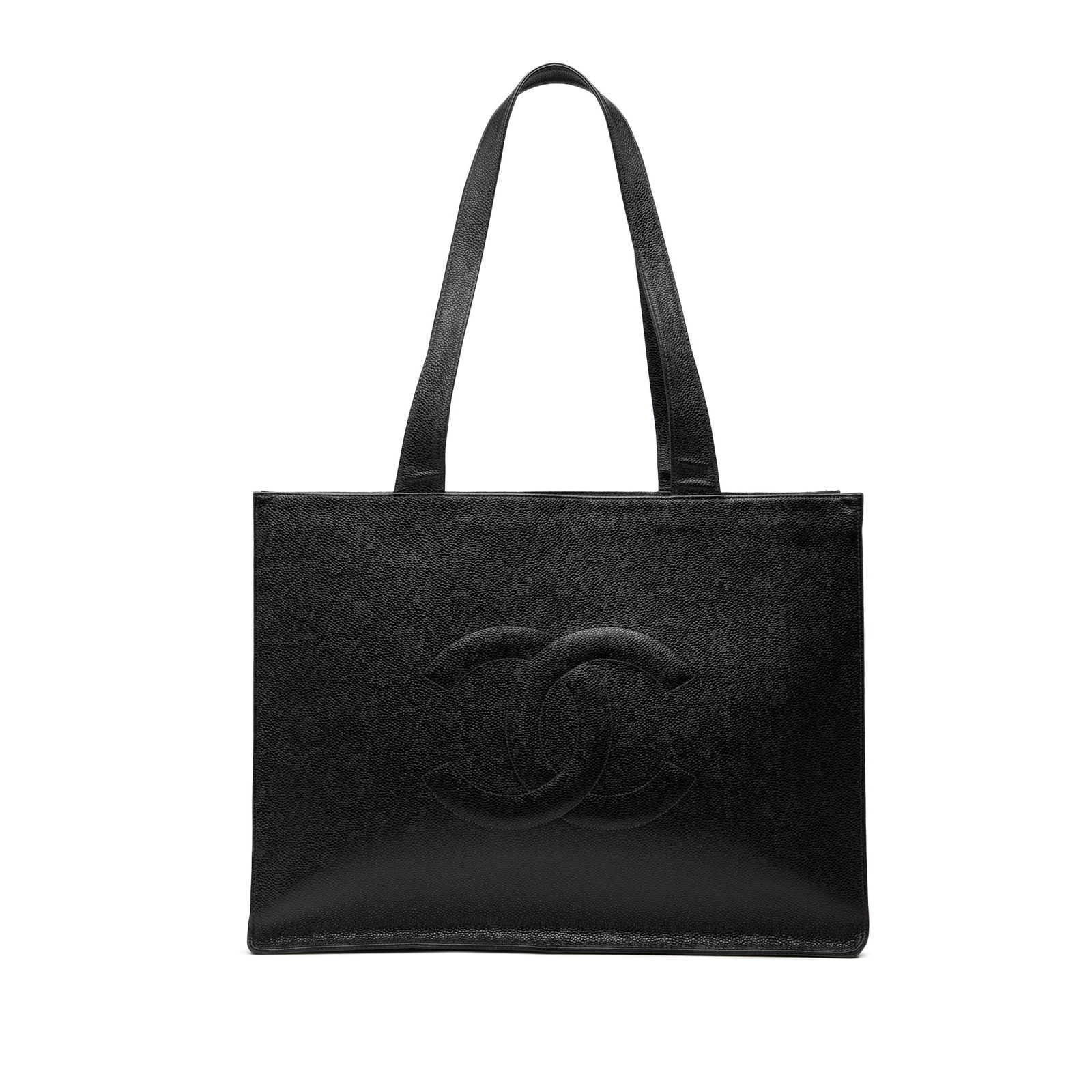 Black Caviar Leather Tote Bag by Chanel CC Model: Black Caviar Leather Tote Bag by Chanel CC Model This Chanel CC Caviar Tote features a caviar leather body with flat leather straps, an open top, and an interior zip pocket. The bag is black and was c