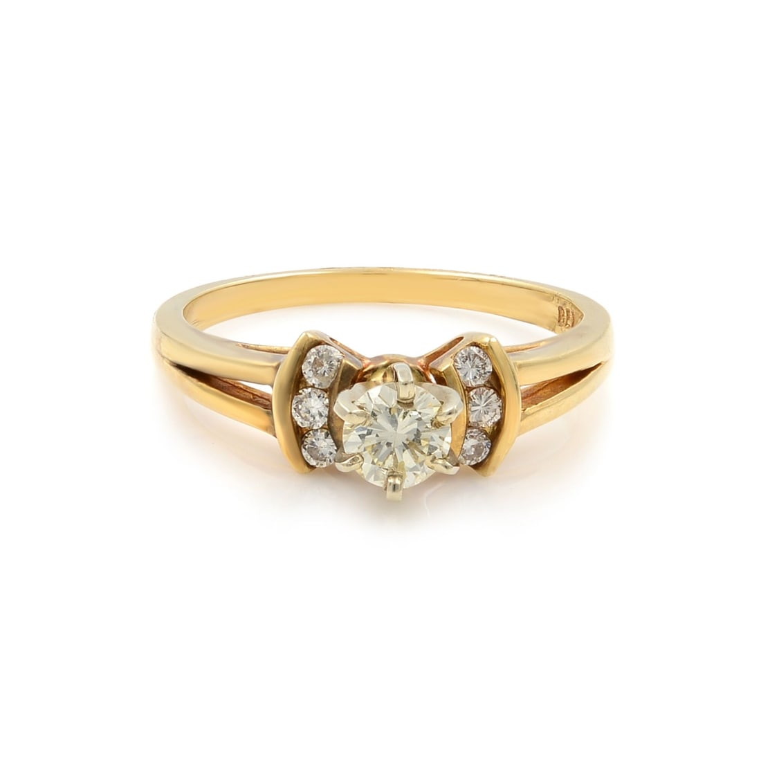 Rachel Koen 14K Yellow Gold Round Cut Diamond Engagement Ring 0.45ctw: Rachel Koen 14K Yellow Gold Round Cut Diamond Engagement Ring 0.45ctw This exquisite engagement ring features a stunning round cut white diamond at its center, surrounded by six additional round cut w