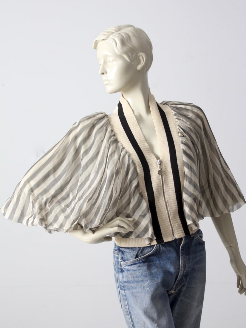 Vintage Jean Paul Gaultier Silk Blouse Cream Gray Stripes Sheer Sleeves (1 of 13)