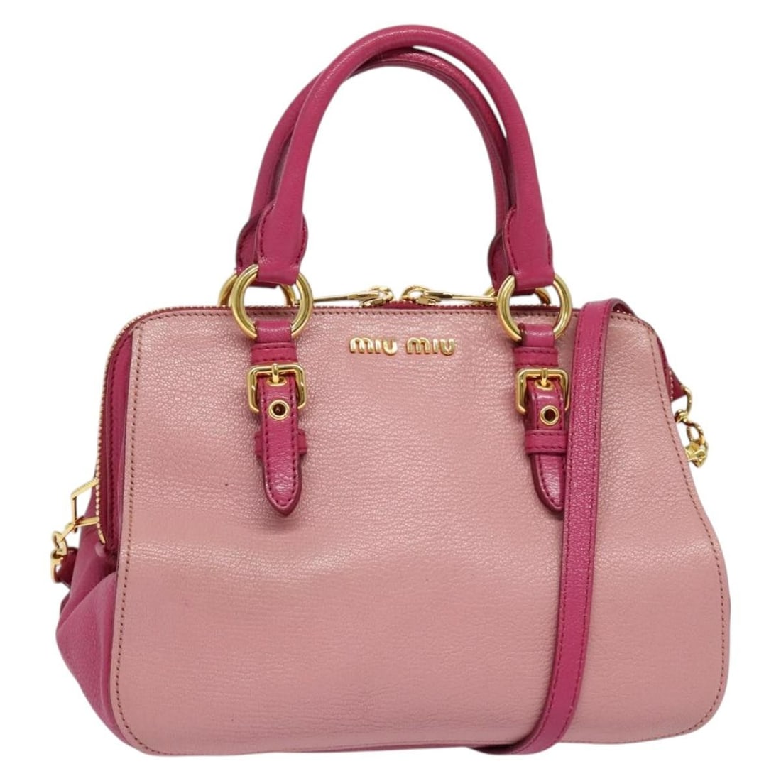 Miu Miu Pink Gold Leather Hand Bag 2 Way Auth 138546: Miu Miu Pink Gold Leather Hand Bag 2 Way Auth 138546 This stylish Miu Miu handbag embodies elegance with its beautiful pink and gold leather exterior. Crafted in Italy, this versatile 2-way bag can be