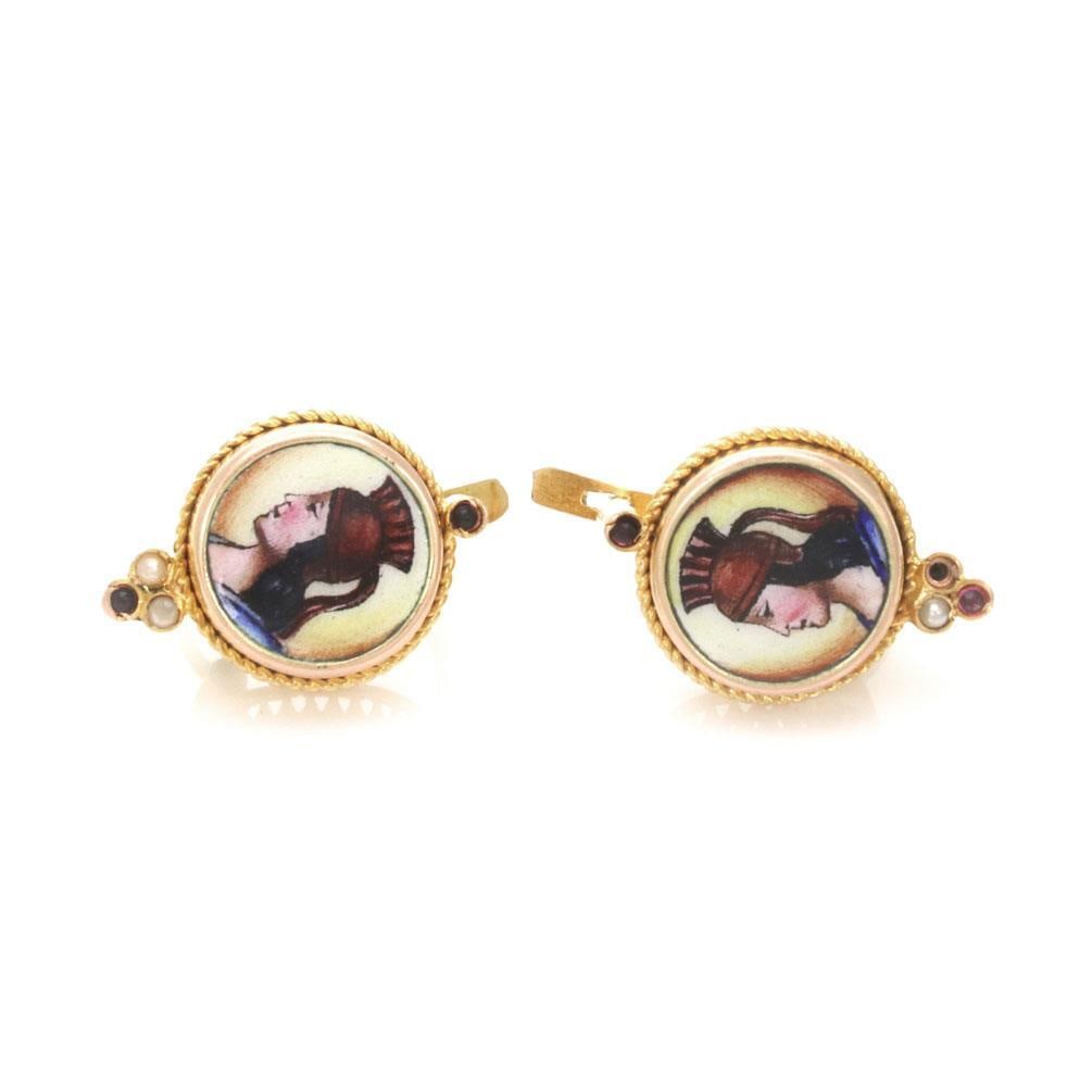 Vintage 12k Gold Dangle Earrings with Ruby and Pearl Portrait: Vintage 12k Gold Dangle Earrings with Ruby and Pearl Portrait Discover these exquisite vintage dangle earrings, expertly crafted from 12k yellow gold with a polished finish. Each earring features a un