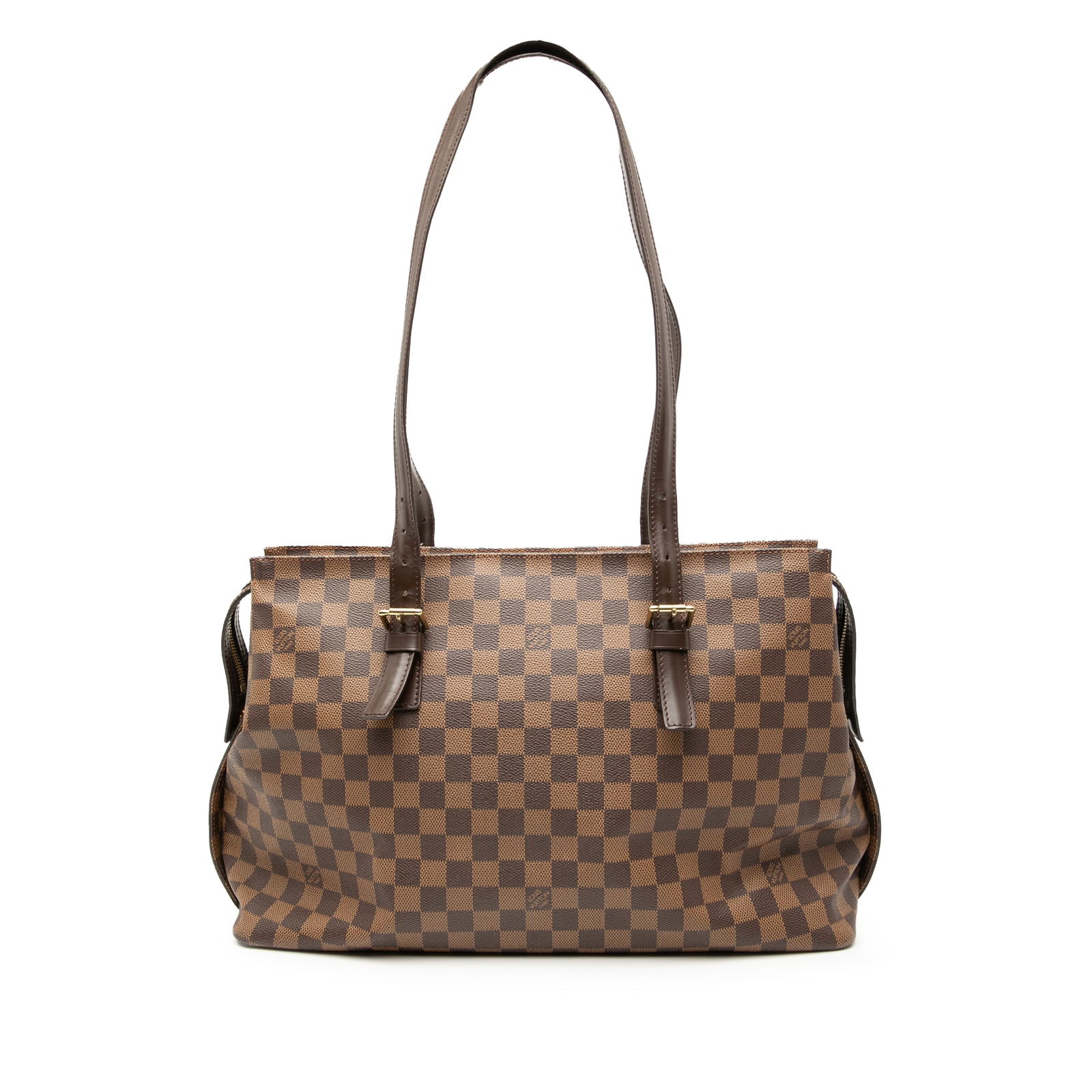 Louis Vuitton Damier Ebene Chelsea Bag with Leather Trim: Louis Vuitton Damier Ebene Chelsea Bag with Leather Trim This Louis Vuitton Damier Ebene Chelsea bag showcases a classic damier ebene canvas design complemented by leather trim. It features flat leath