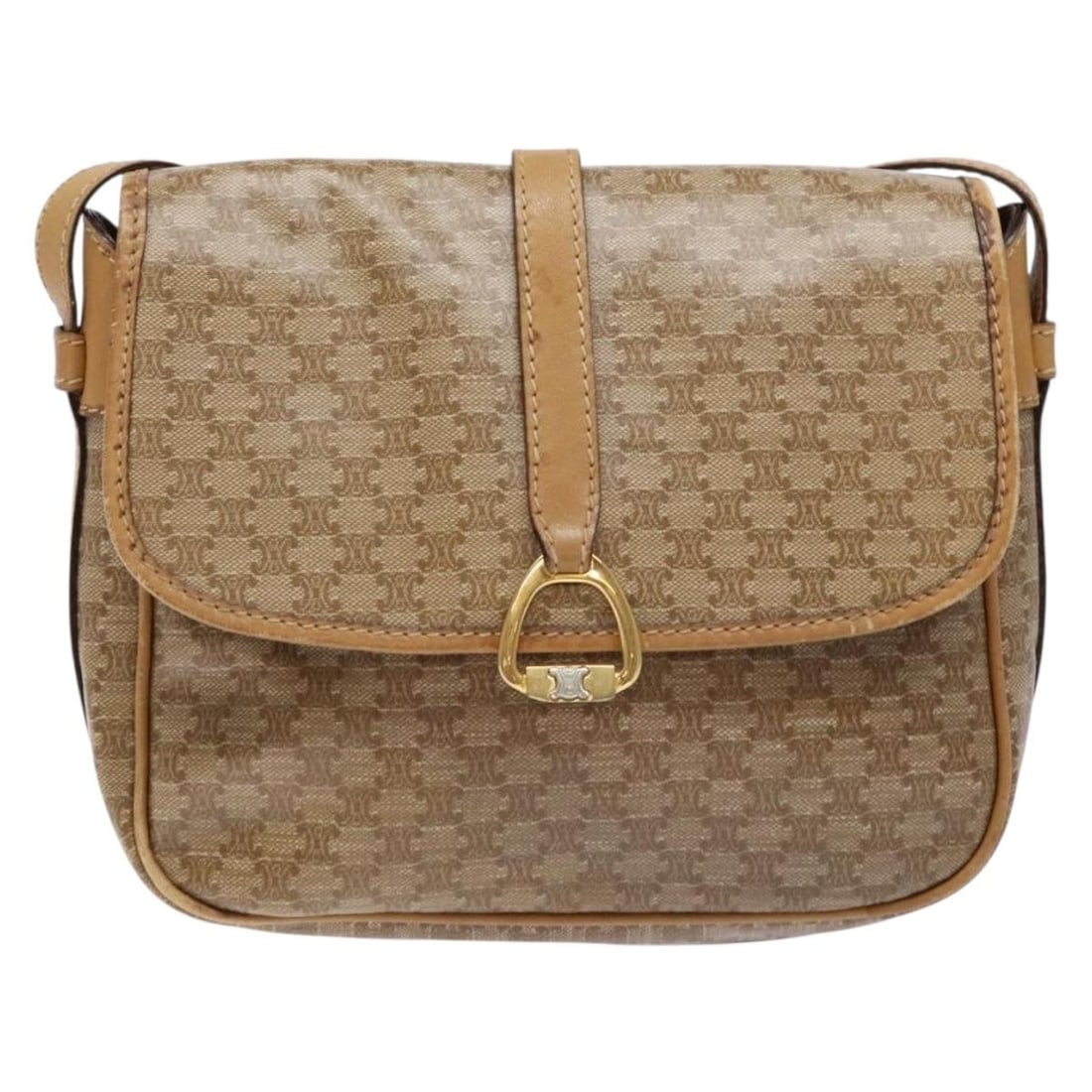 Macadam Shoulder Purse in Beige by Celine: Macadam Shoulder Purse in Beige by Celine This Celine Macadam shoulder bag in beige features the iconic pattern with leather detailing. The bag shows signs of use, including surface rubbing, stains, m