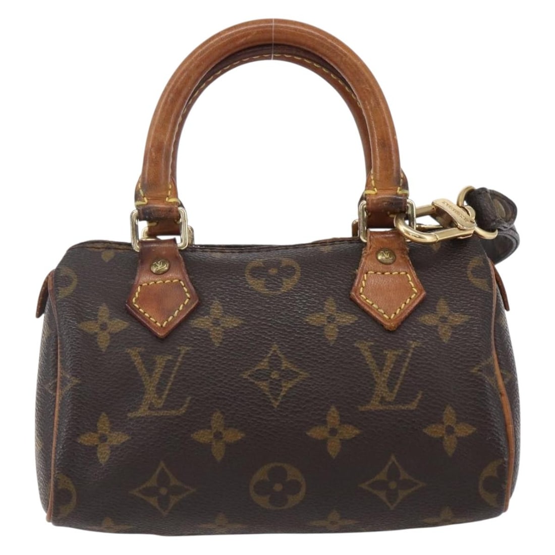 Mini HL Monogram Speedy Brown Handbag by Louis Vuitton: Mini HL Monogram Speedy Brown Handbag by Louis Vuitton This pre-owned Louis Vuitton Monogram Mini Speedy HL handbag features the iconic brown monogram canvas. The bag displays signs of wear, including