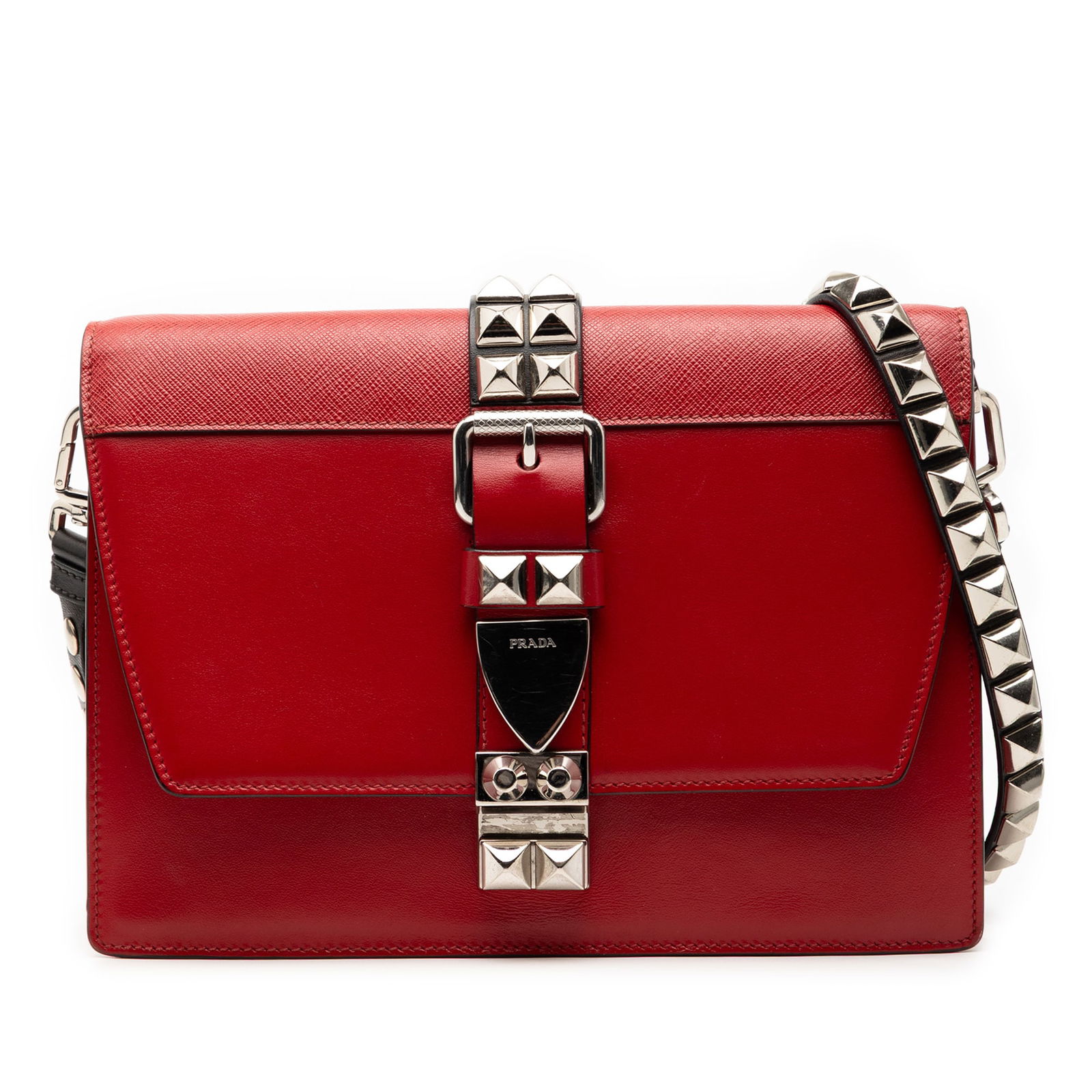 Prada Elektra Red Leather Studded Crossbody Bag: Prada Elektra Red Leather Studded Crossbody Bag This Prada City Calf and Saffiano Elektra Crossbody features a red leather body with stud details, a studded and adjustable flat leather strap, a top fl