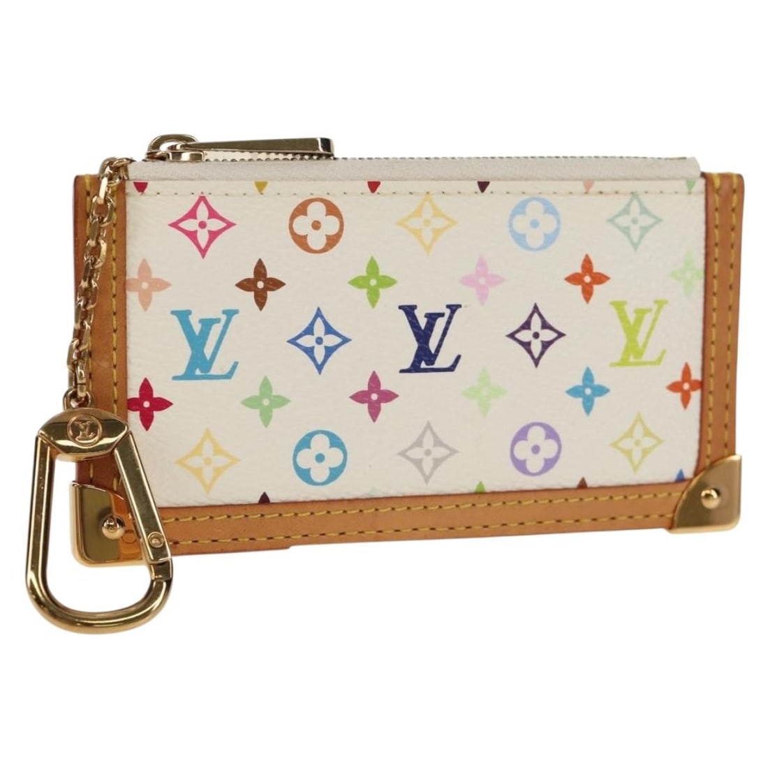 LOUIS VUITTON Multicolor Monogram Pochette Cles Coin Purse White M92655 Auth (1 of 18)