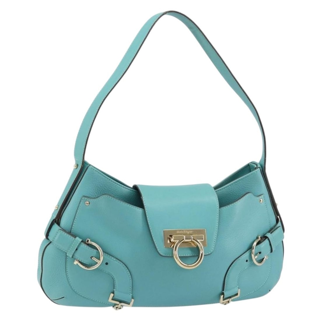 Salvatore Ferragamo Gancini Turquoise Blue Leather Shoulder Bag Authentic (1 of 18)
