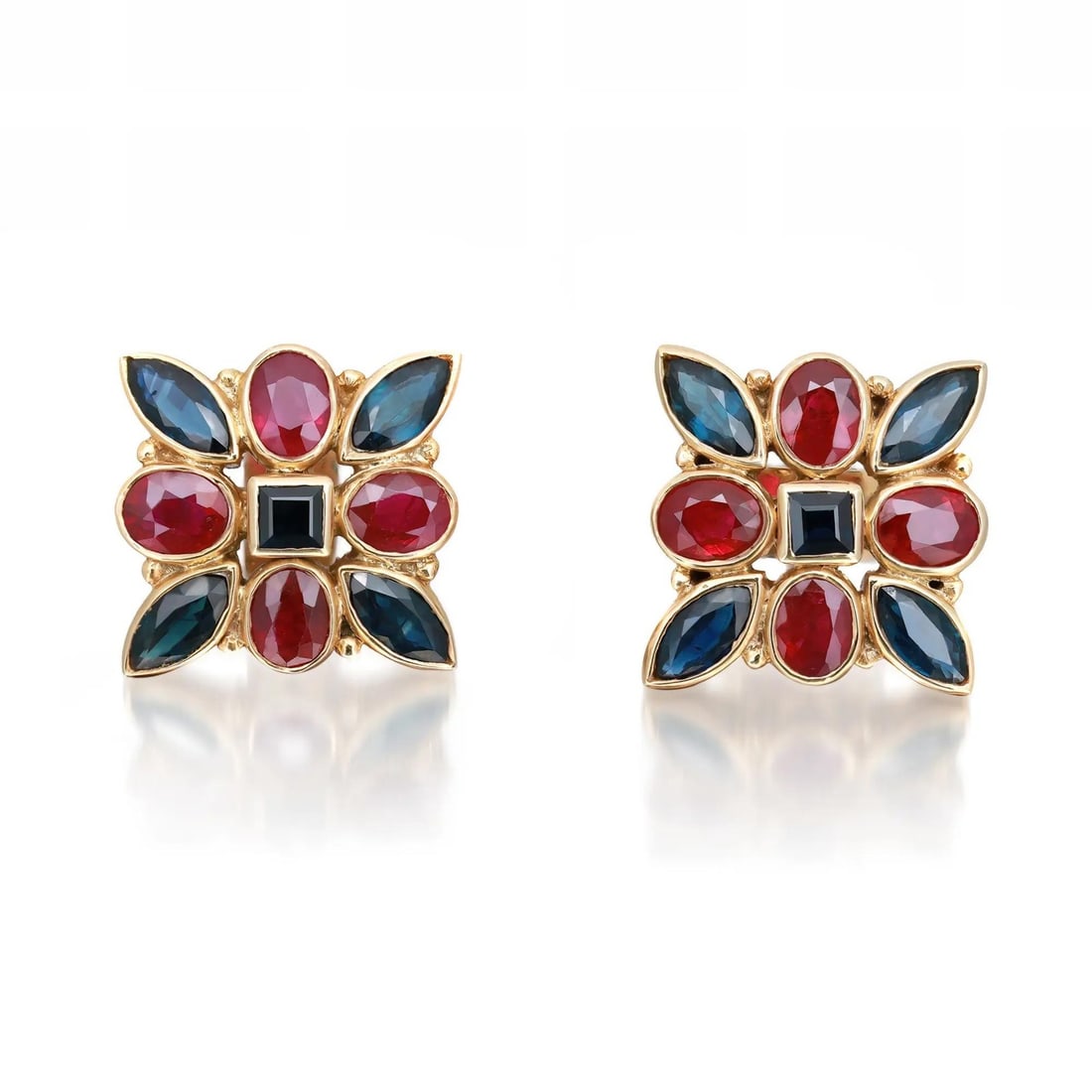 Rachel Koen 18K Yellow Gold Blue Sapphire Ruby Stud Earrings 7 Carats: Rachel Koen 18K Yellow Gold Blue Sapphire Ruby Stud Earrings 7 Carats Elevate your jewelry collection with these exquisite stud earrings featuring a stunning combination of blue sapphires and rubies,