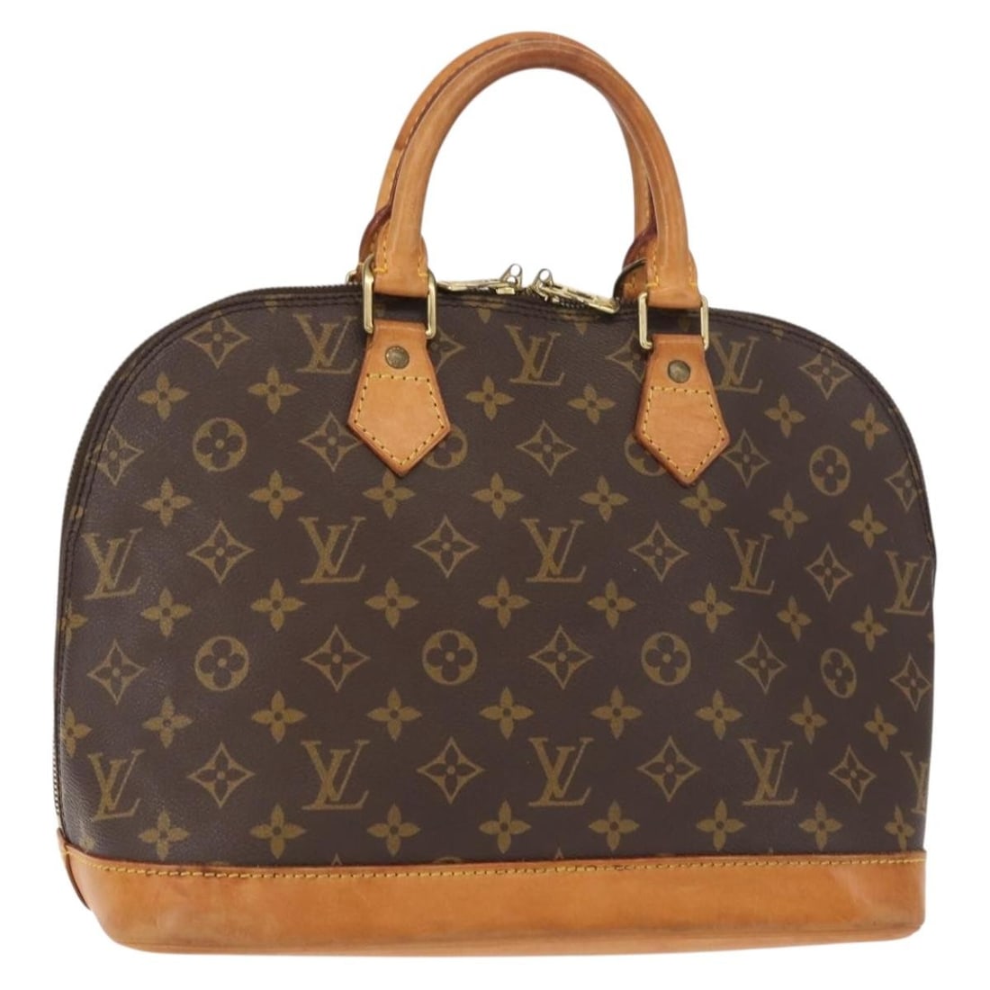 Alma Monogram Handbag by Louis Vuitton in Brown: Alma Monogram Handbag by Louis Vuitton in Brown This pre-owned Louis Vuitton Monogram Alma handbag features a brown monogram canvas with leather trim. It shows signs of use, including surface rubbing,