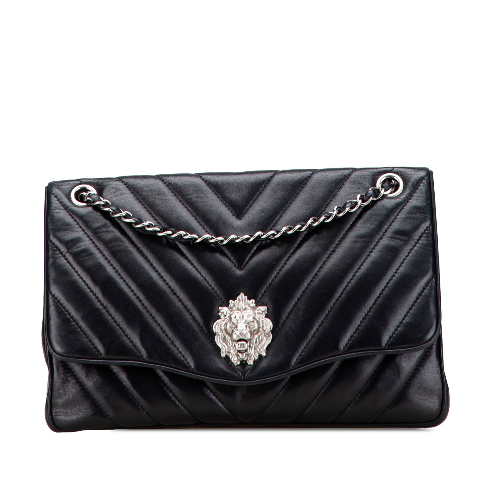 Chanel Jumbo Chevron Lambskin Leo Lion Flap Black Shoulder Bag: Chanel Jumbo Chevron Lambskin Leo Lion Flap Black Shoulder Bag Elevate your style with the Chanel Jumbo Chevron Lambskin Leo Lion Flap shoulder bag, a perfect blend of luxury and functionality. This e