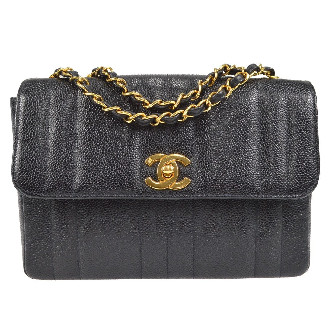 Chanel Mademoiselle Black Caviar Double Chain Shoulder Bag: Chanel Mademoiselle Black Caviar Double Chain Shoulder Bag This Chanel Mademoiselle Double Chain Shoulder Bag is a stylish accessory crafted from luxurious black caviar skin. It features a turn lock c