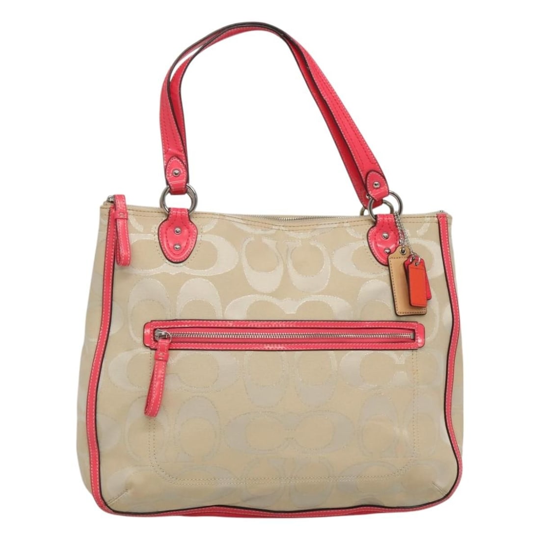 Coach Beige Tote Bag with Metal Fittings: Coach Beige Tote Bag with Metal Fittings This is a Coach tote bag in beige. The bag features a structured design with a spacious interior. It shows some loss of shape and slight rubbing on the outside
